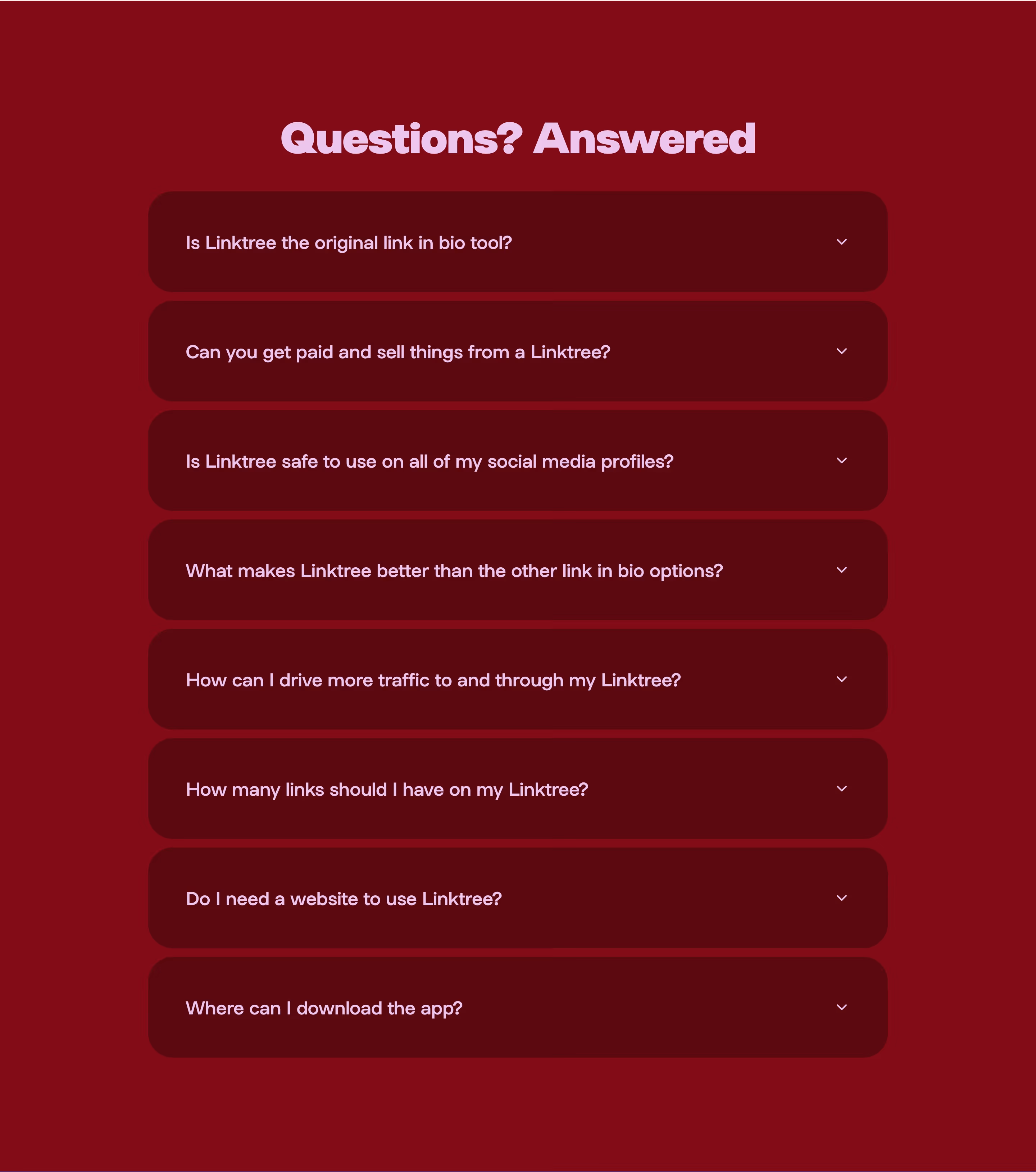 Linktr FAQs section design