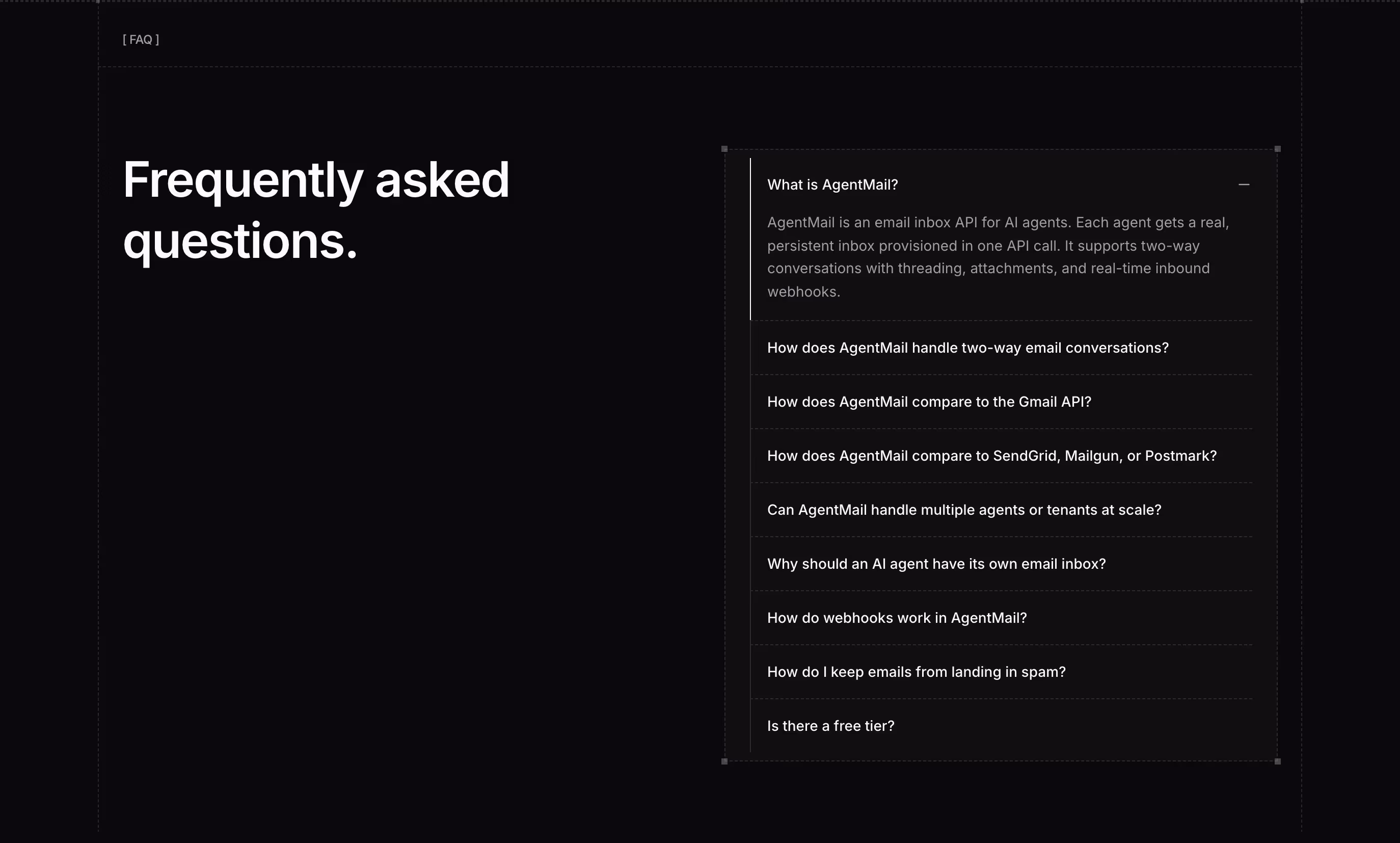 Agentmail faq design — Developer Tools