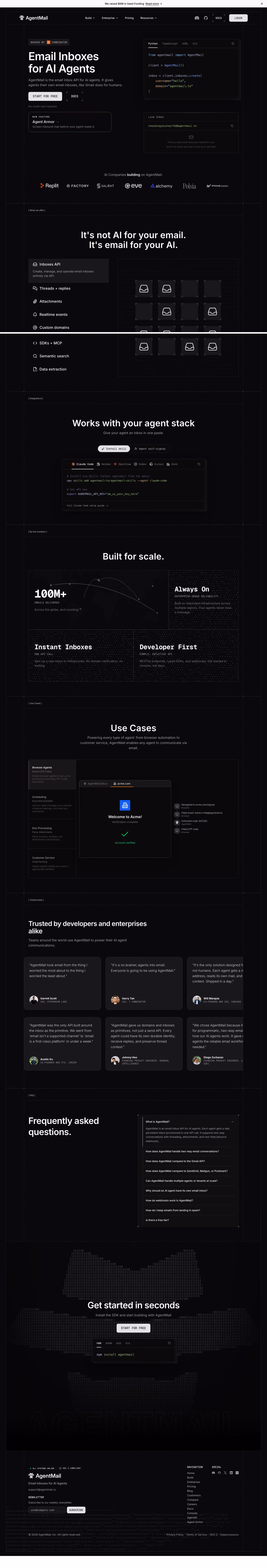 Agentmail landing page design — Developer Tools