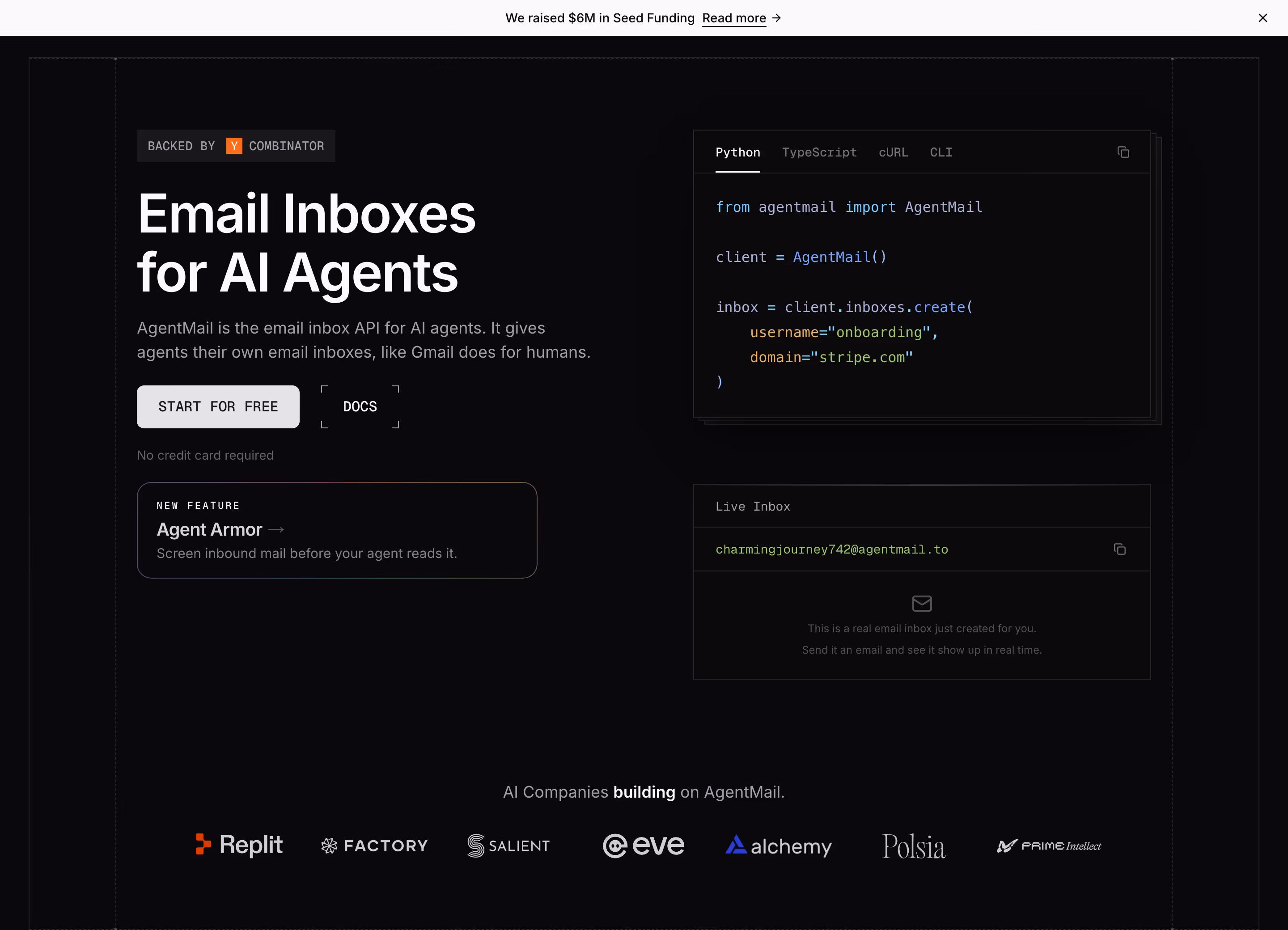 Agentmail hero design — Developer Tools
