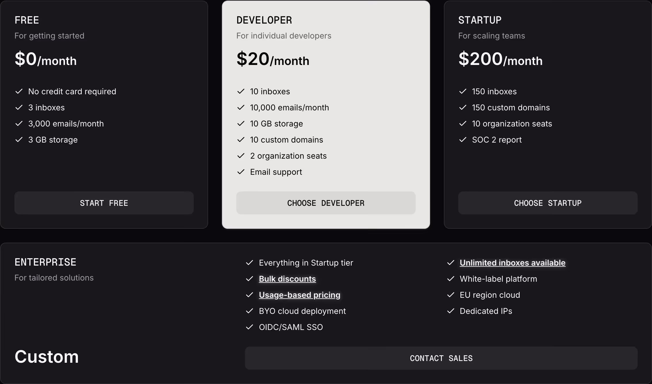 Agentmail Pricing section design