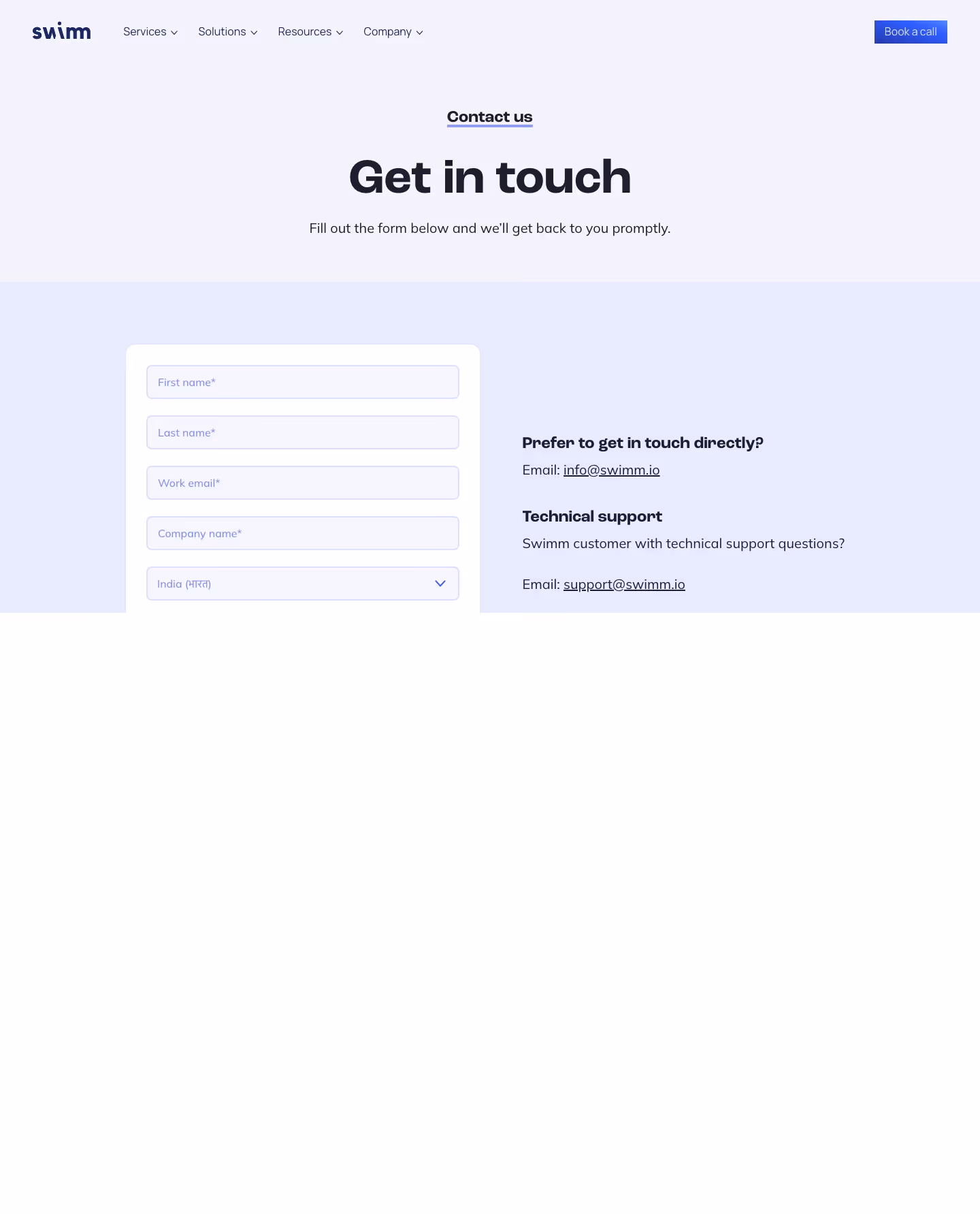Swimm Contact Us section design