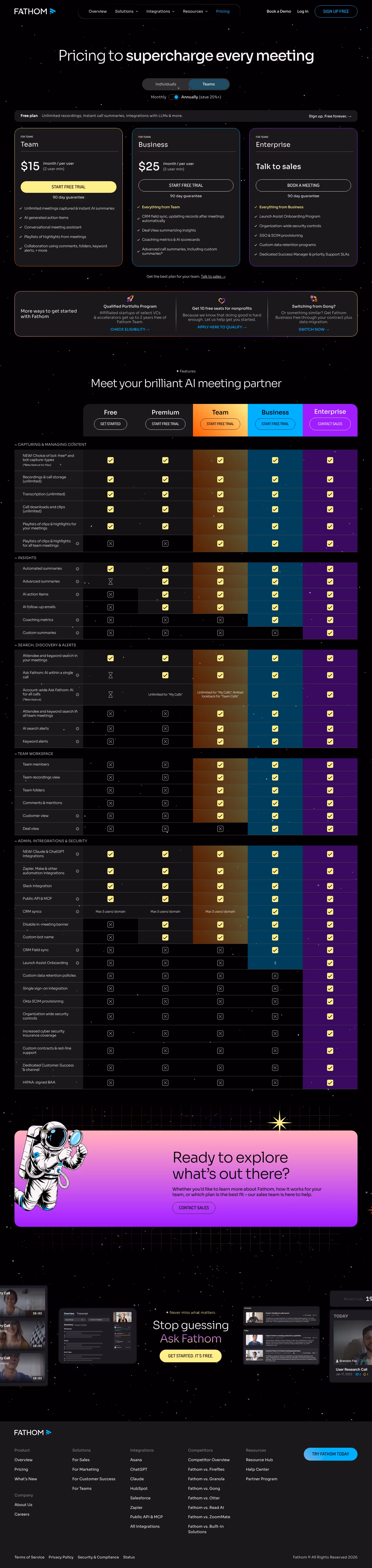 Fathom Pricing & Plans section design
