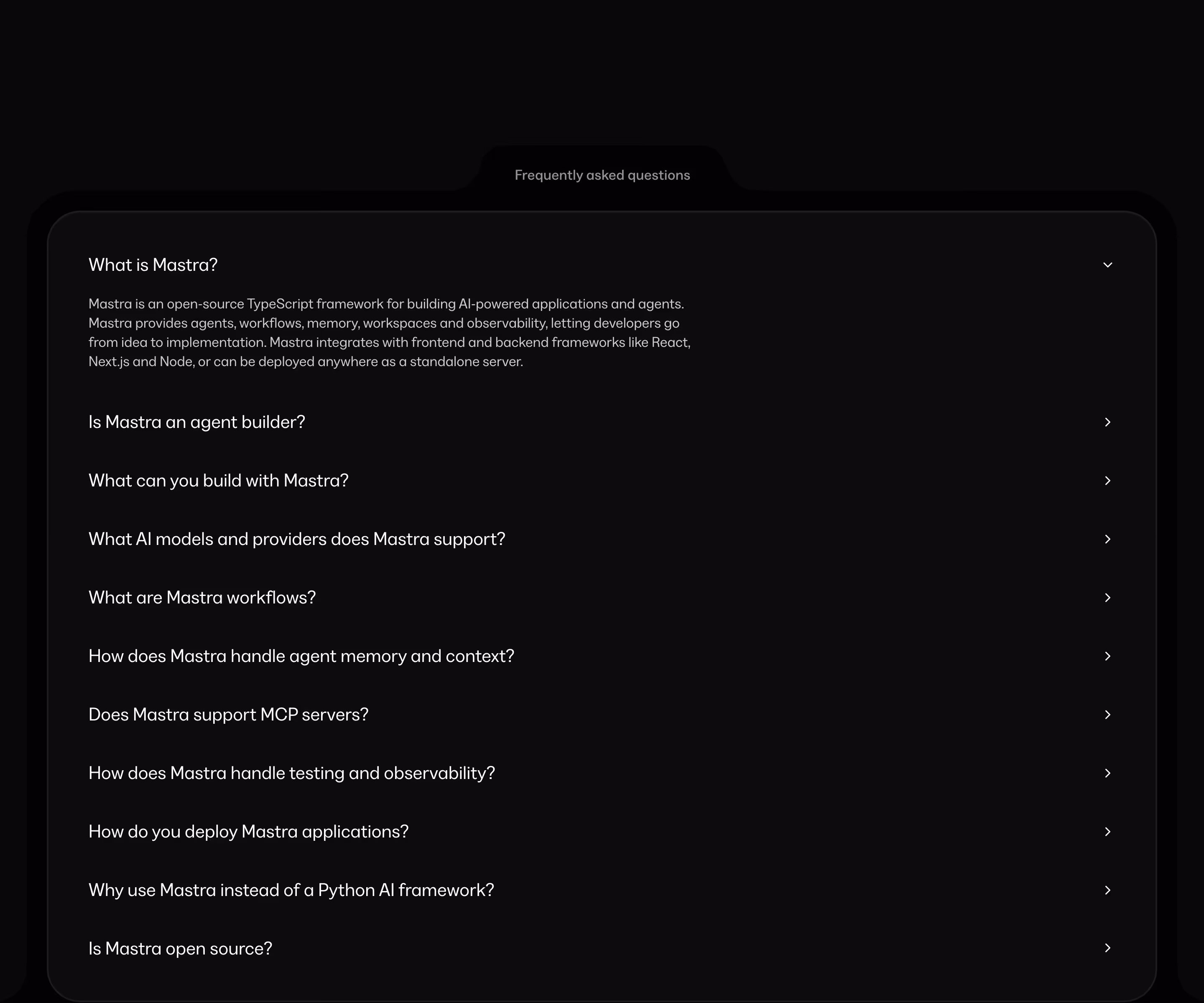 Mastra FAQs section design