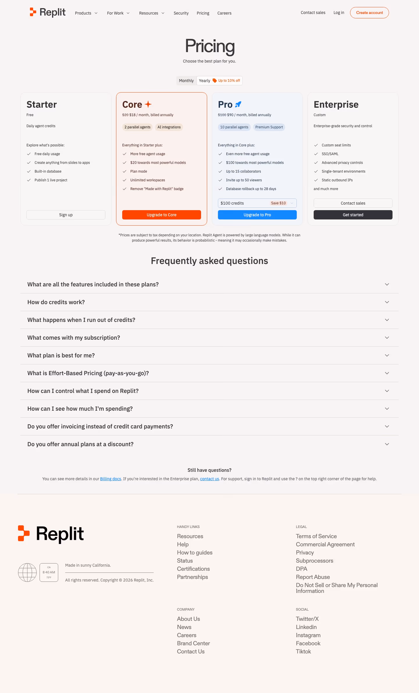 Replit Pricing & Plans section design