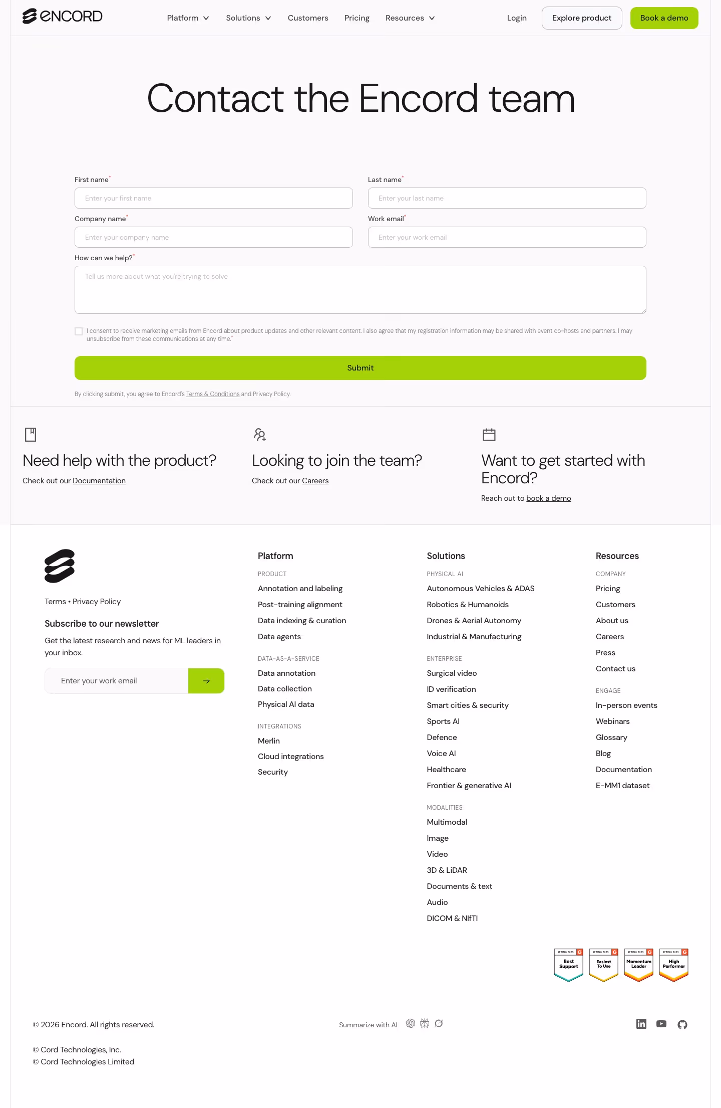 Encord contact us design — Infrastructure