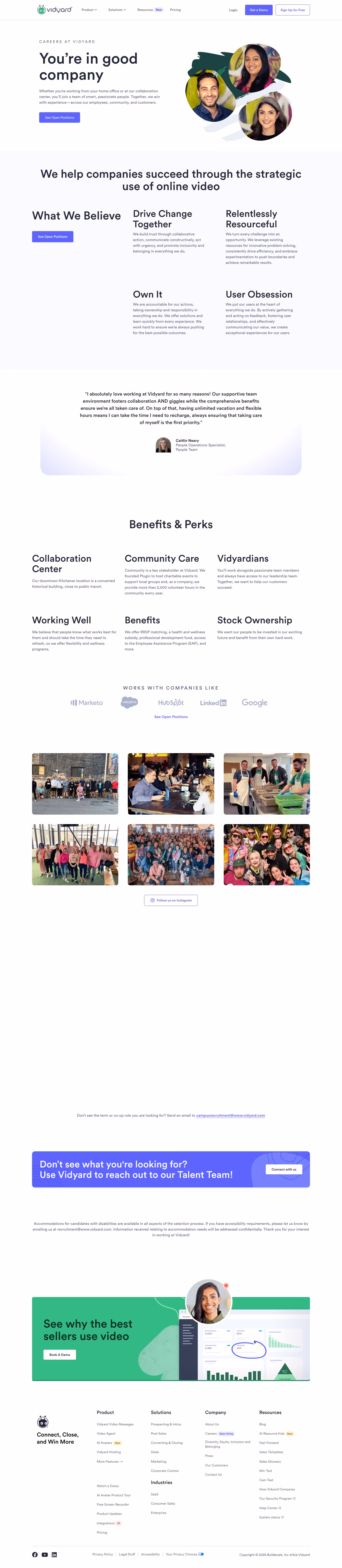 Vidyard careers page design — Sales & Support