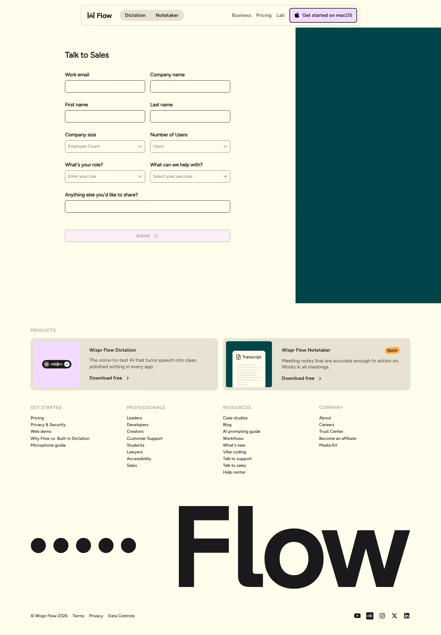 Wisprflow Contact Us section design