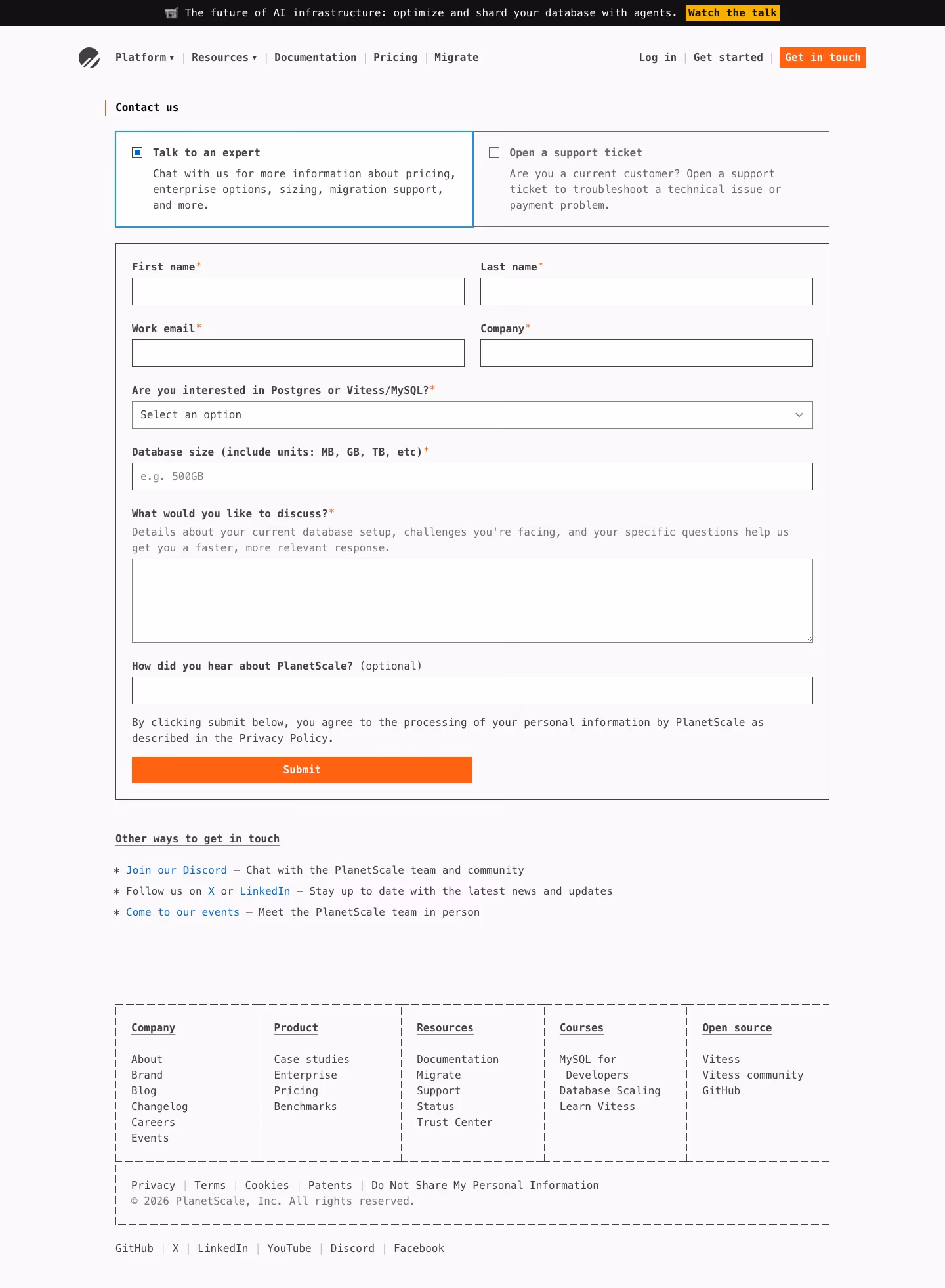 Planetscale Contact Us section design