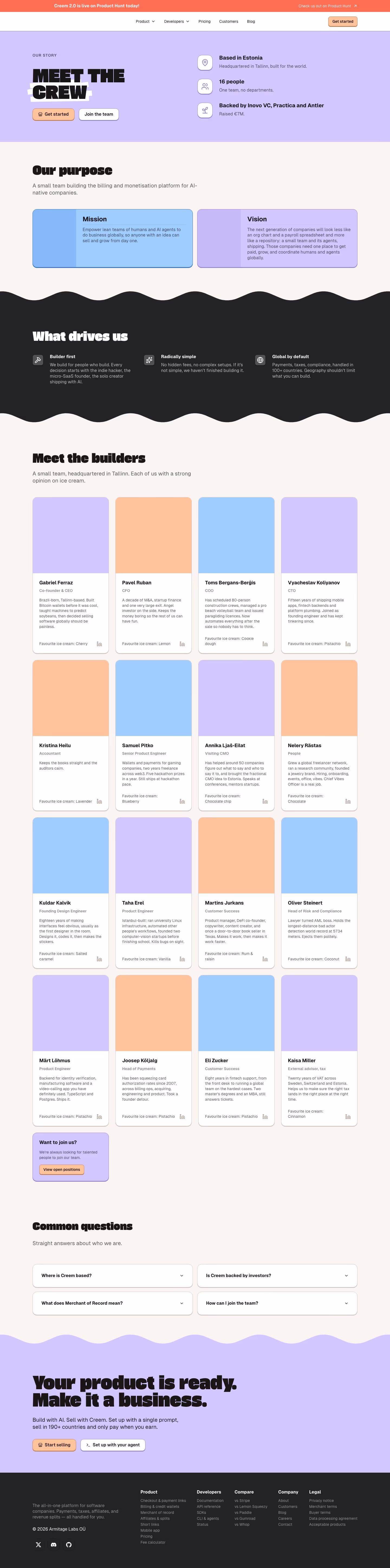 Creem About Us section design
