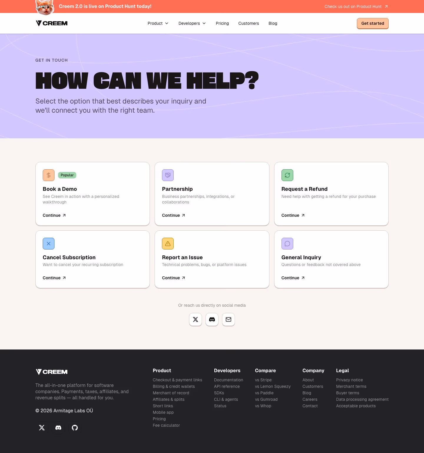 Creem Contact Us section design
