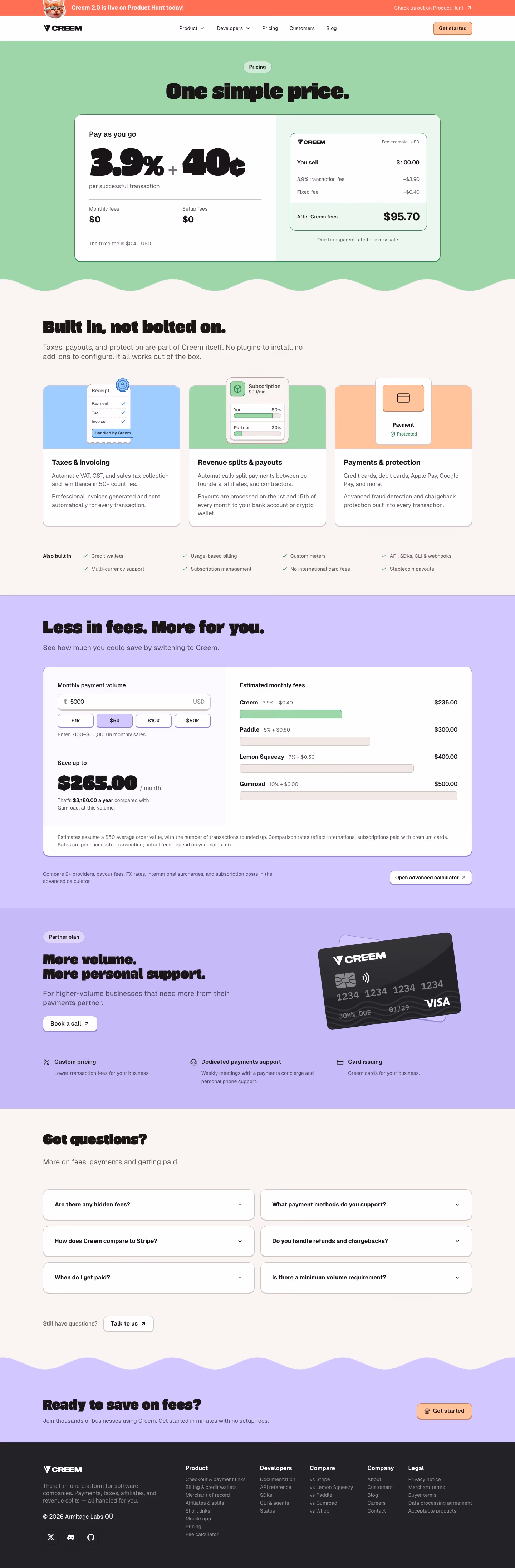 Creem Pricing & Plans section design