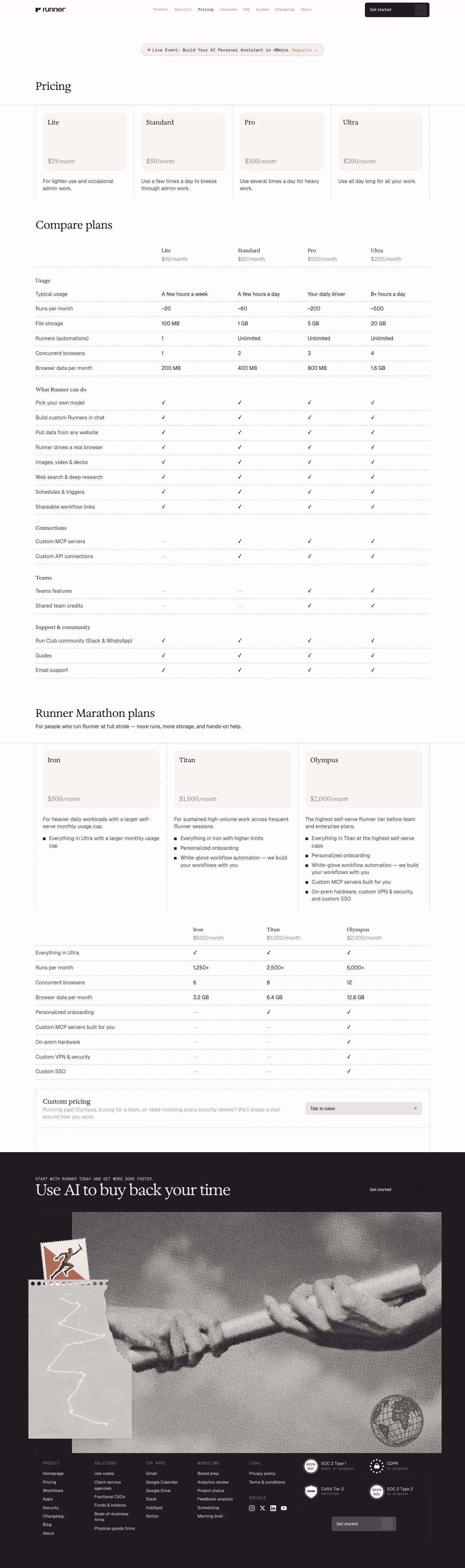Runner Pricing & Plans section design