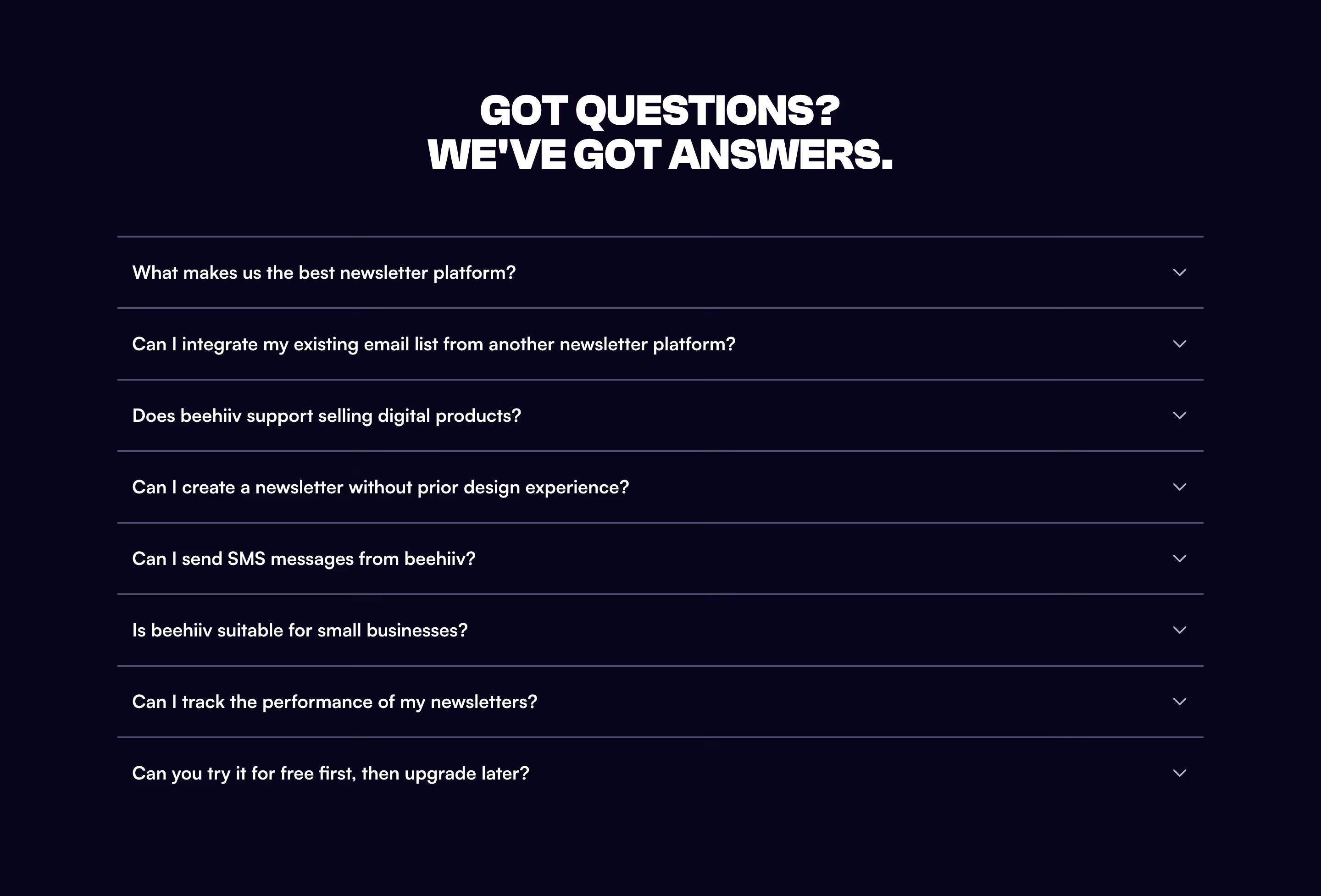 Beehiiv FAQs section design