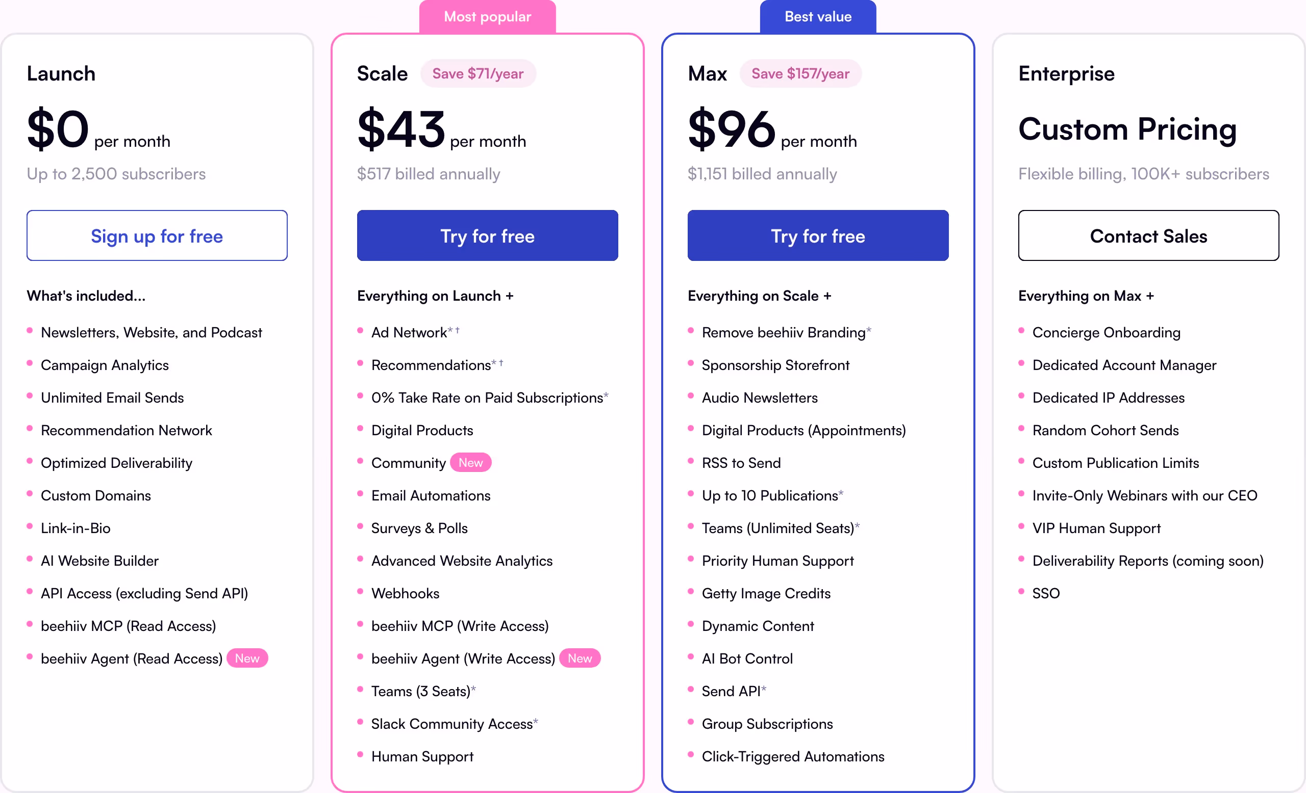 Beehiiv Pricing section design