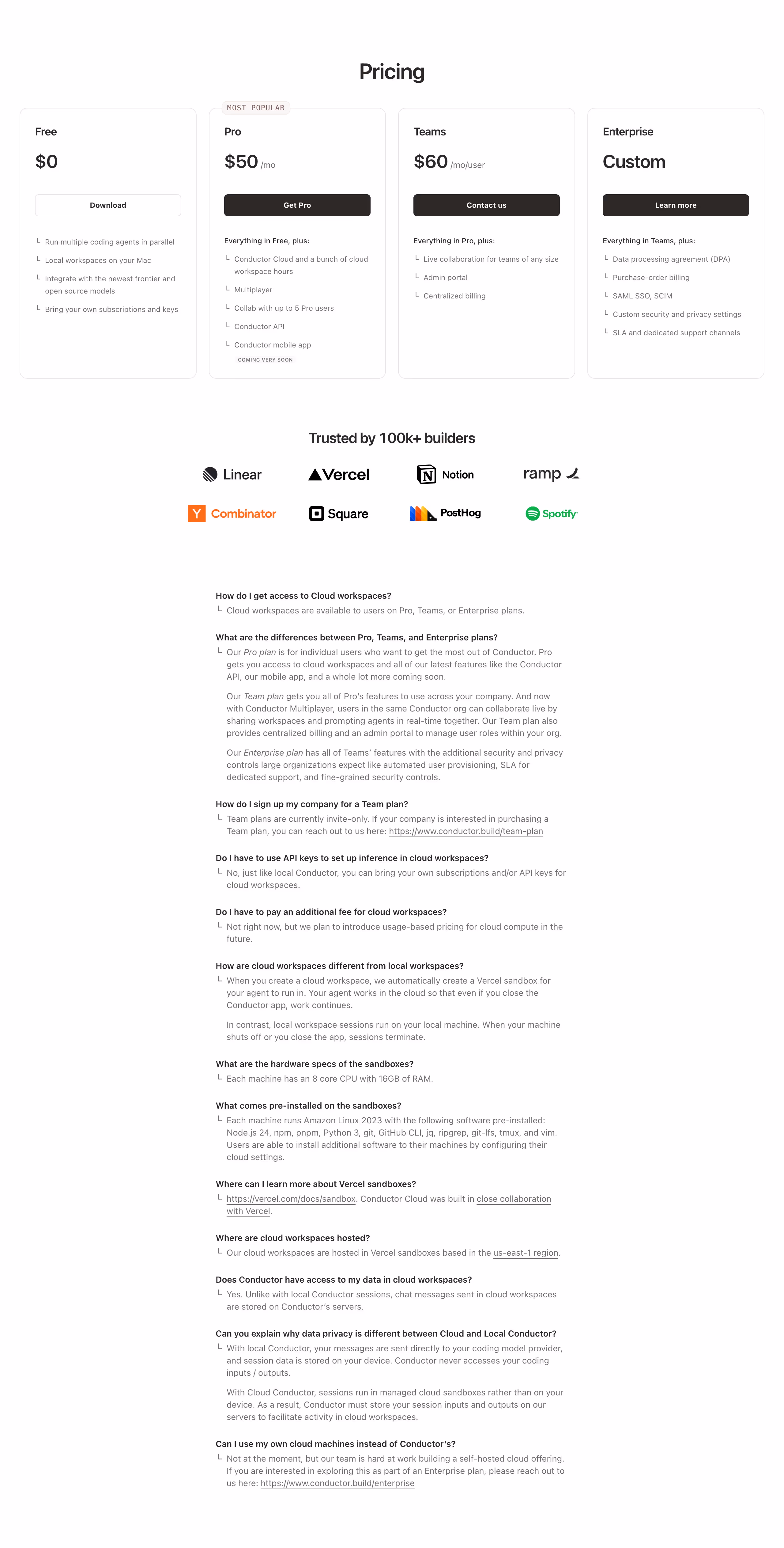 Conductor Pricing section design