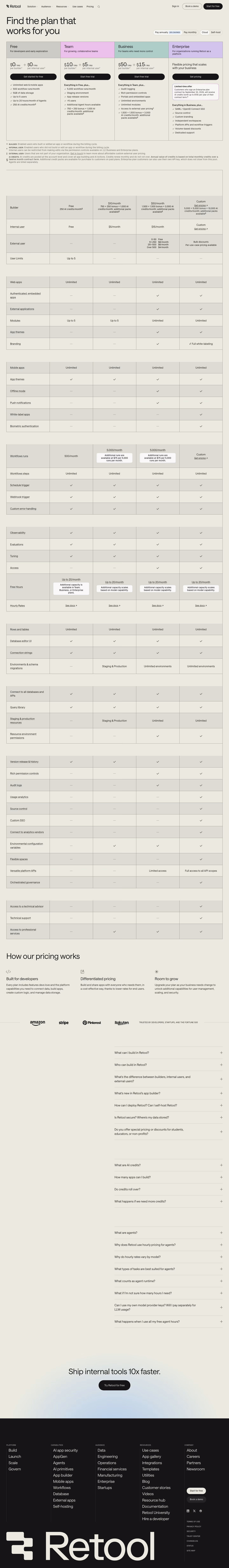 Retool Pricing & Plans section design