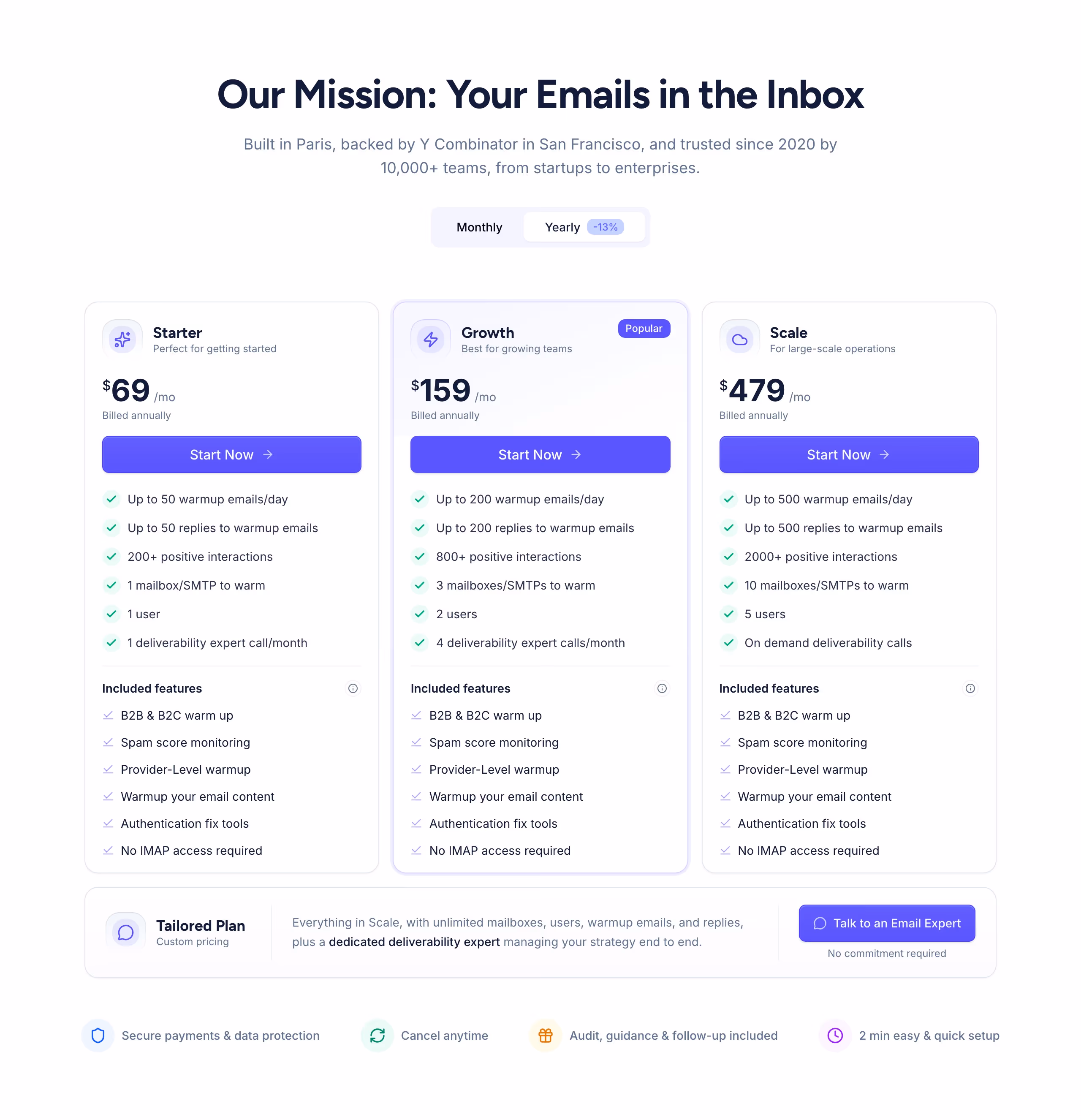 Mailwarm Pricing section design