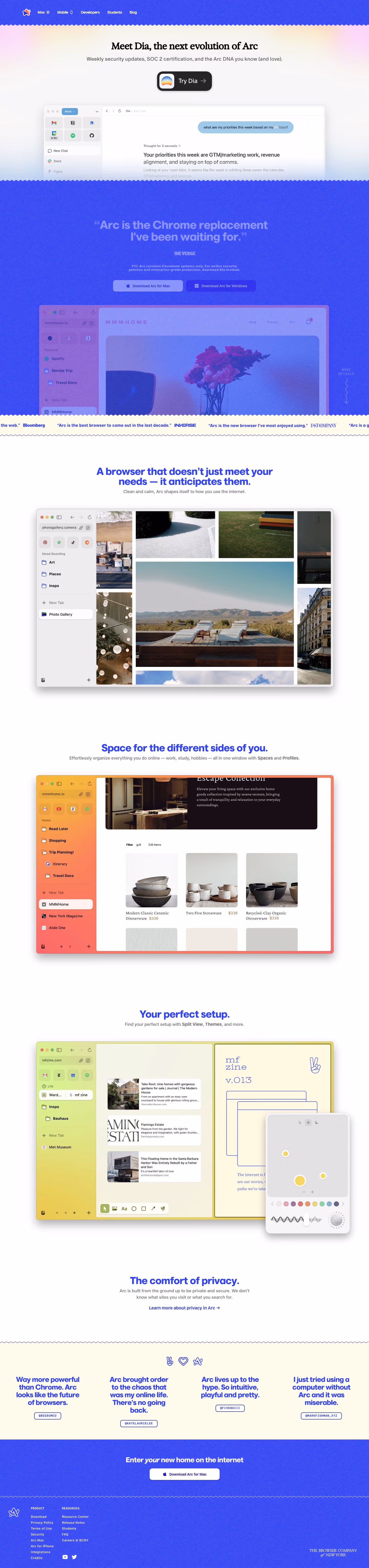 Arc landing page design
