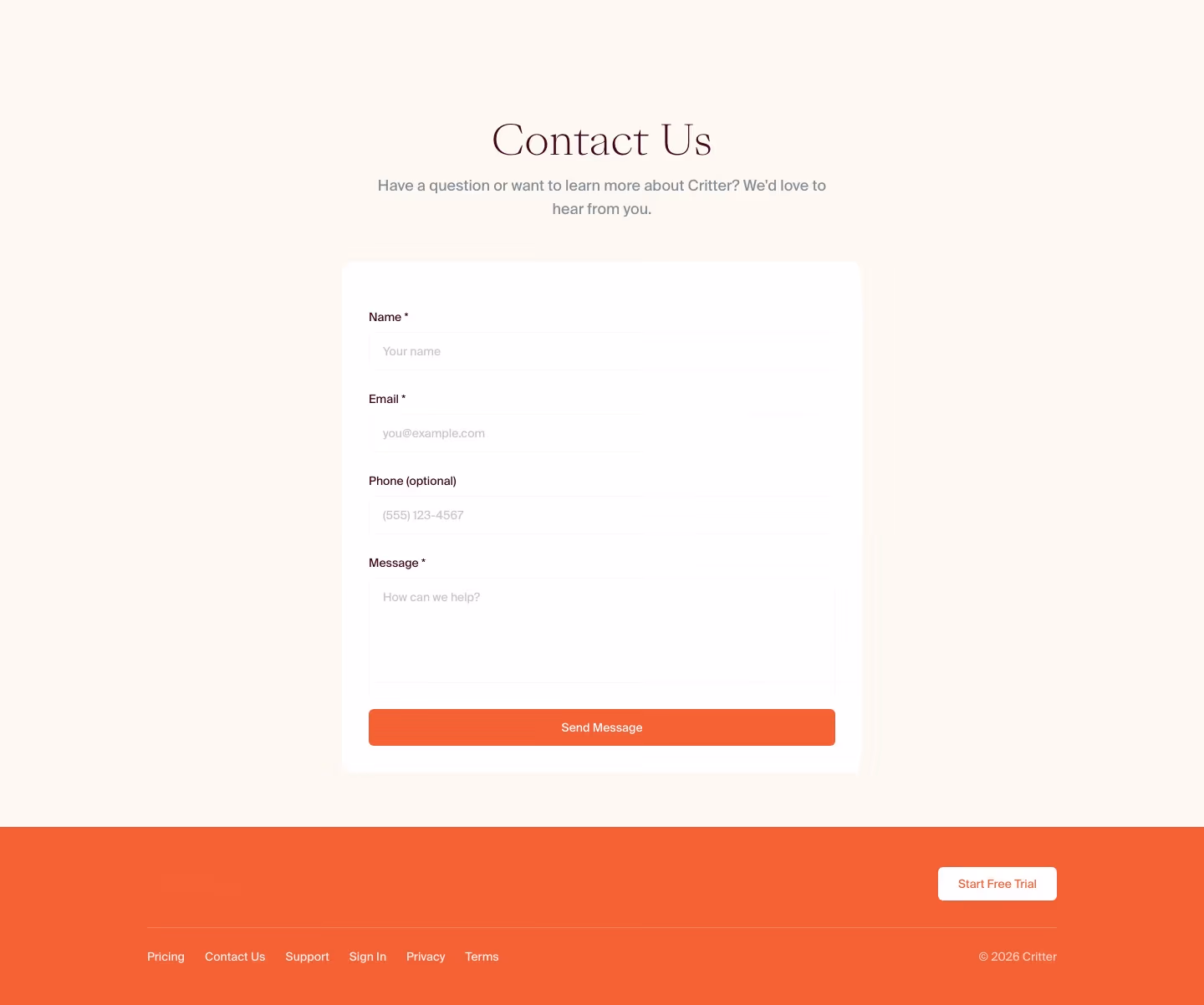 Critter Contact Us section design