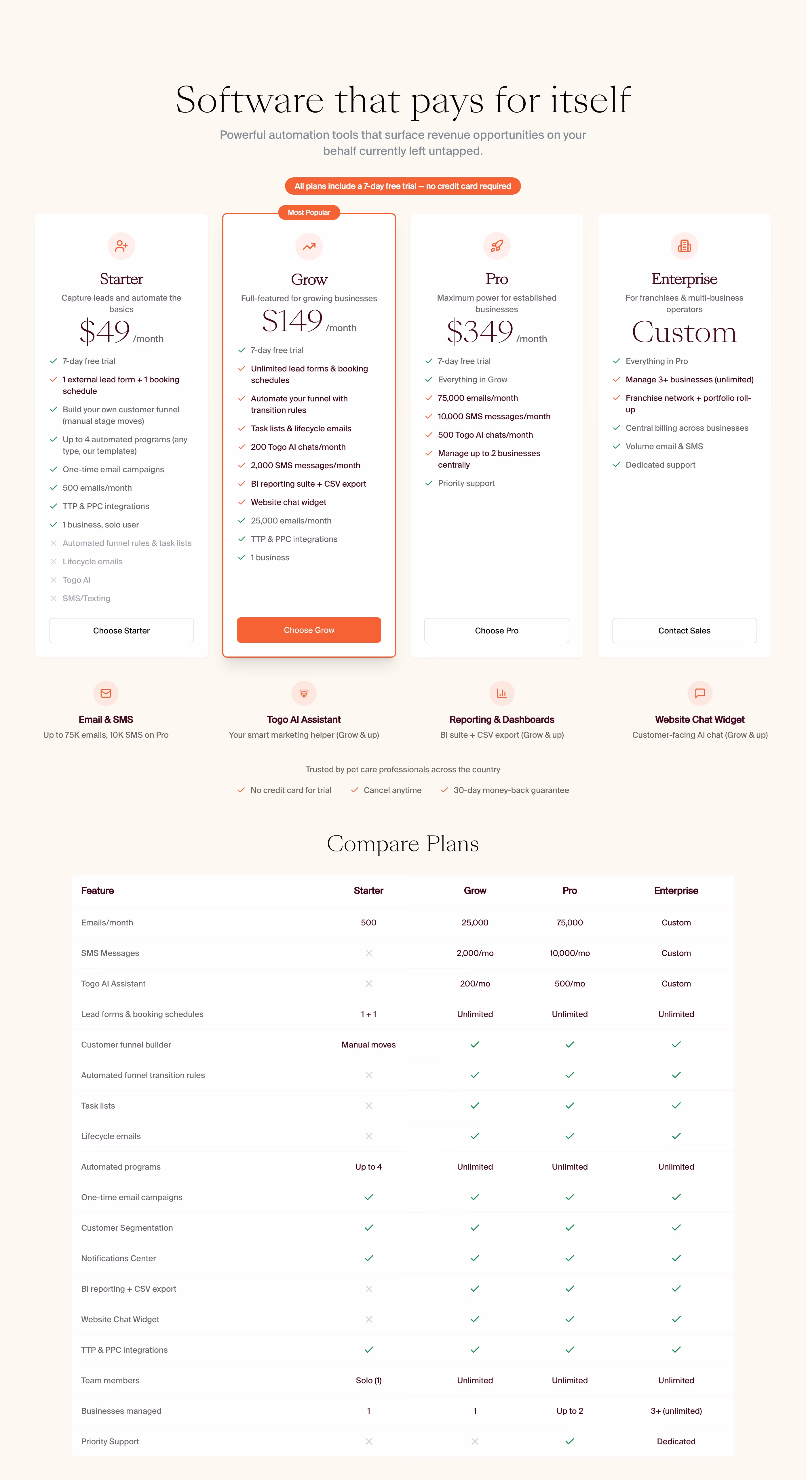 Critter Pricing section design