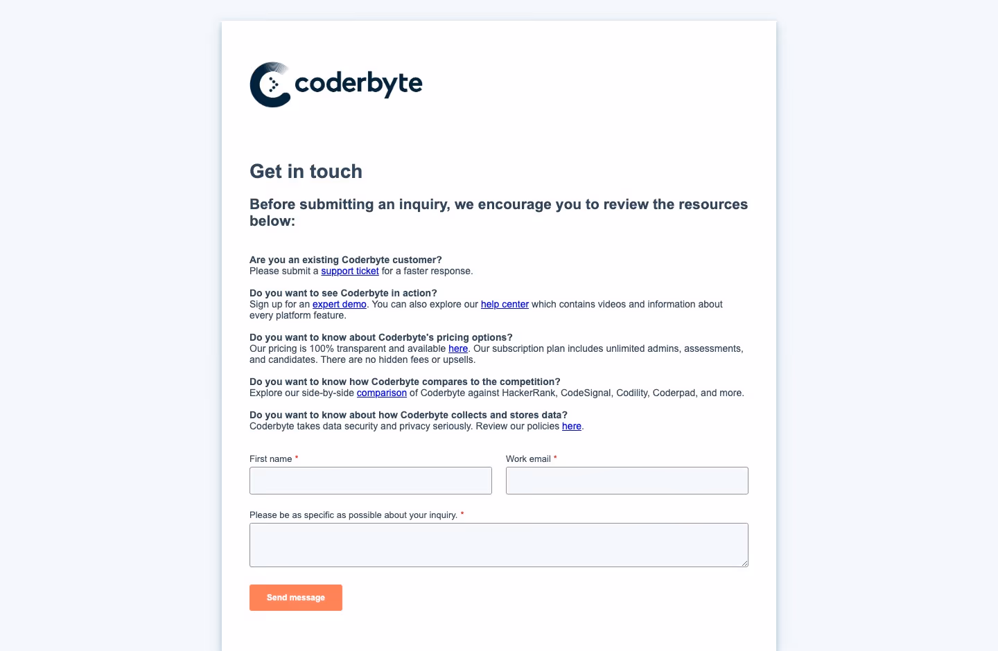 Coderbyte Contact Us section design