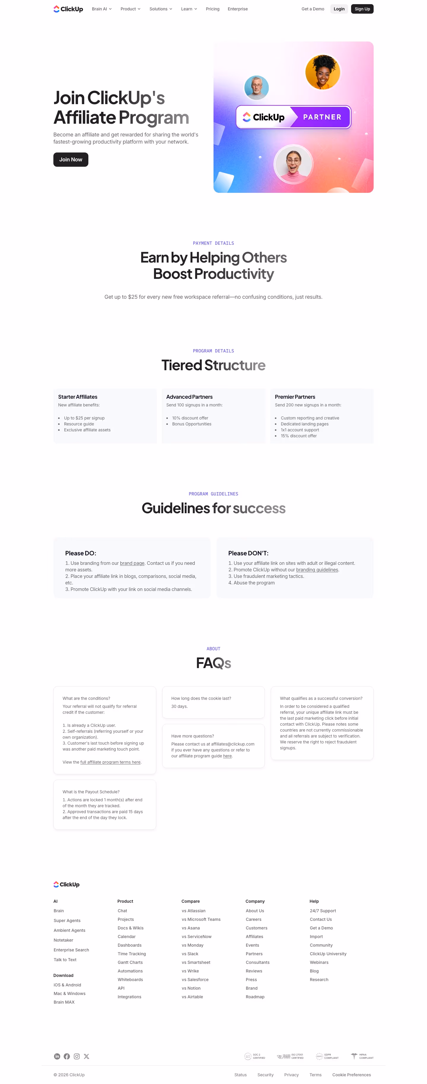 Clickup Affiliate pages section design
