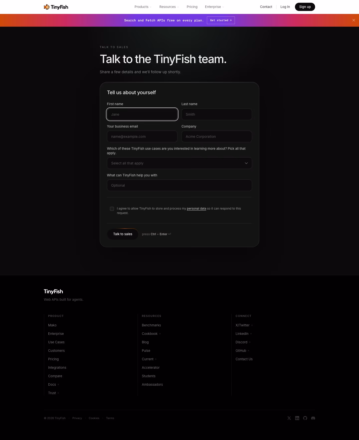 Tinyfish contact us design — Developer Tools