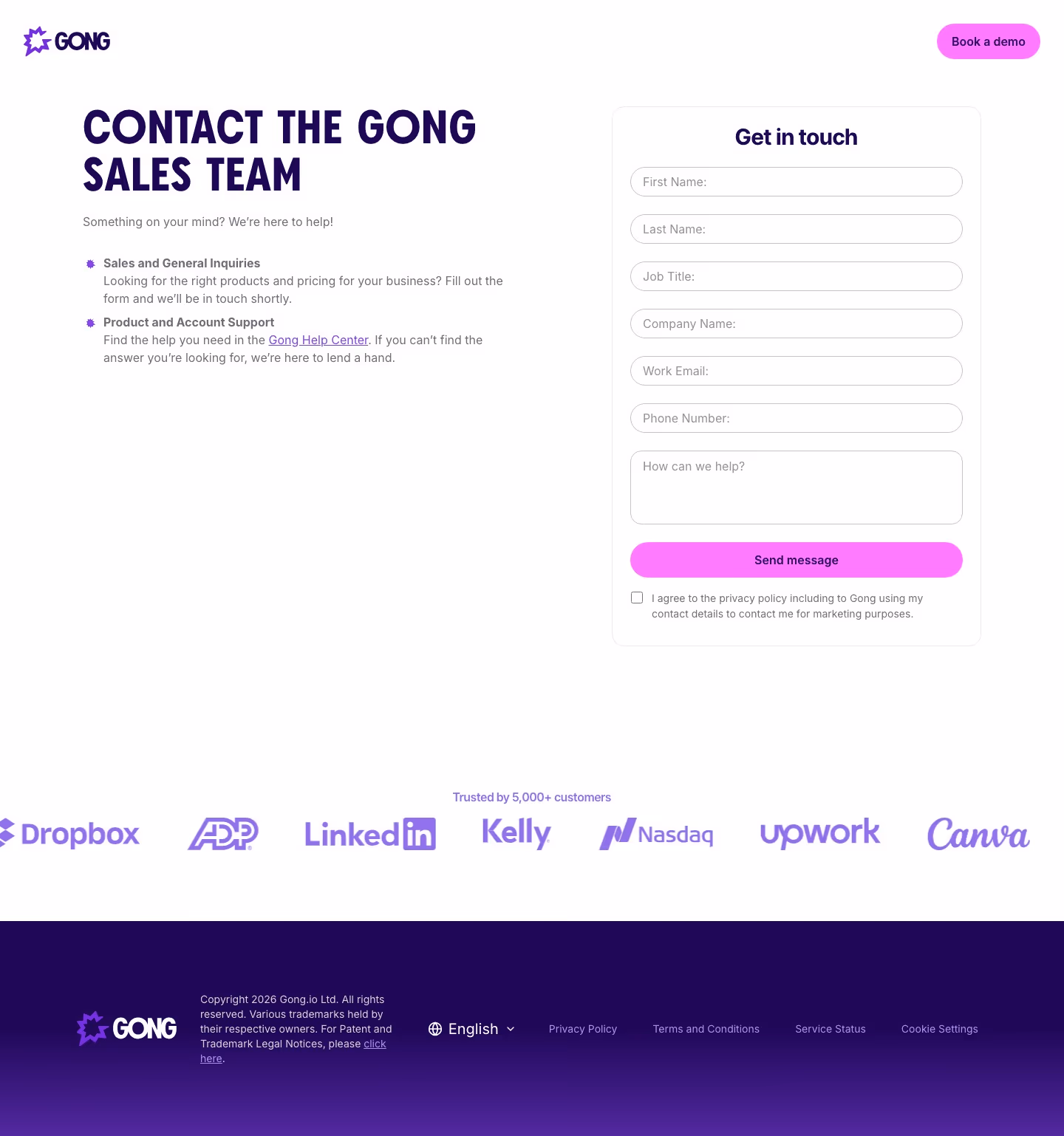 Gong Contact Us section design