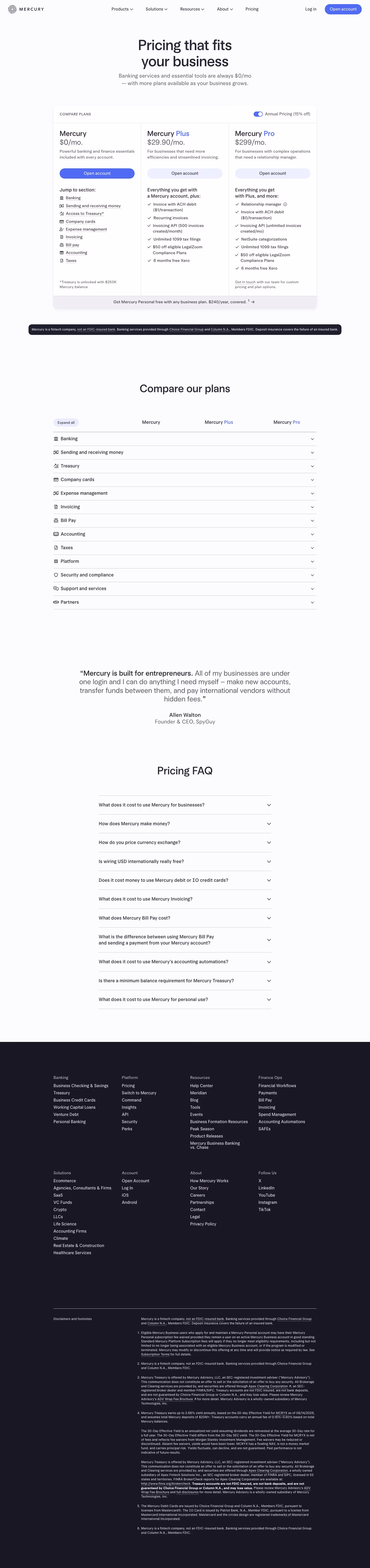Mercury Pricing & Plans section design