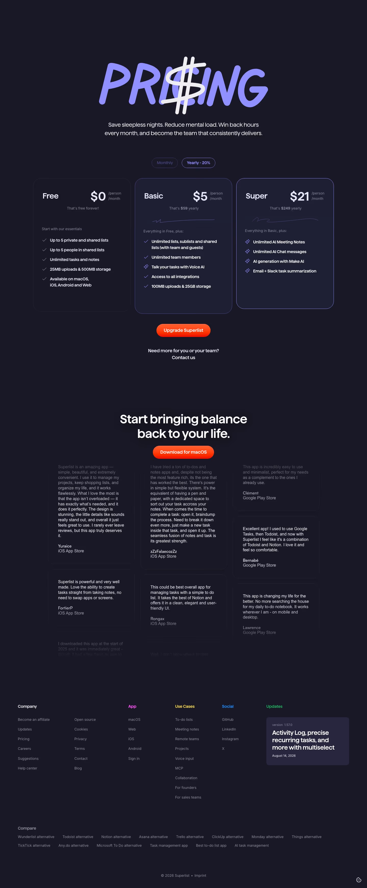 Superlist pricing & plan design — Productivity