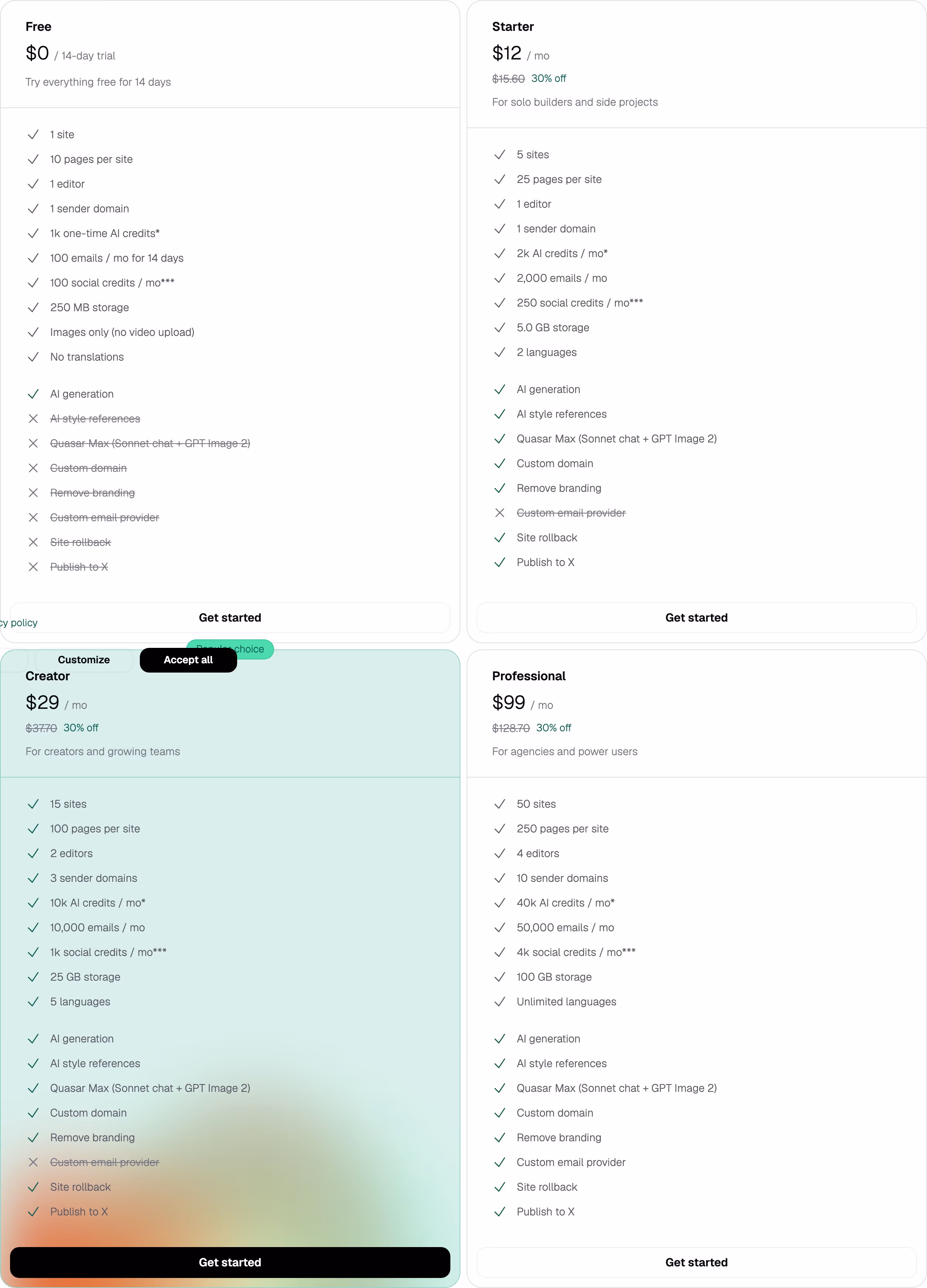 Aveiro Pricing section design
