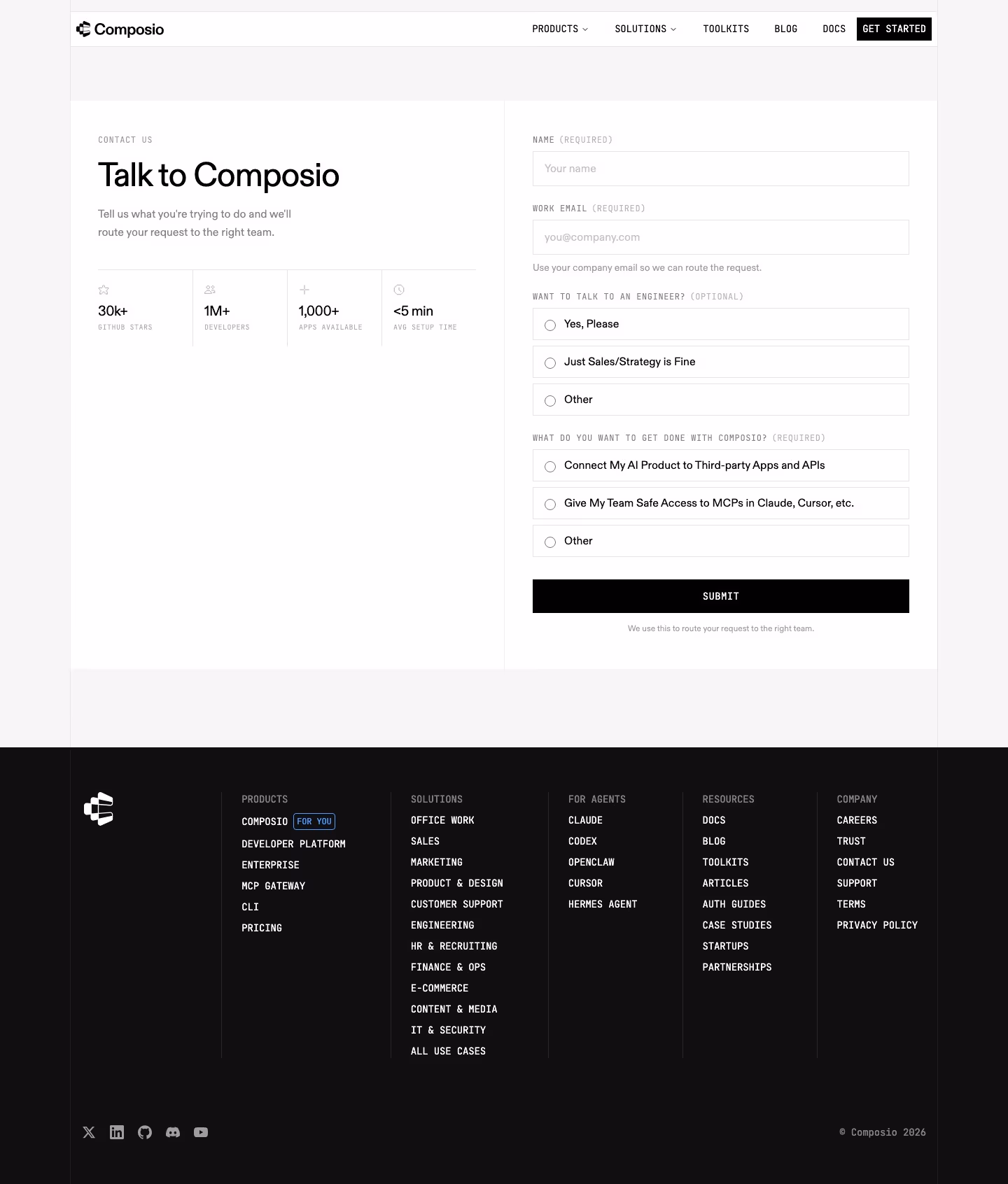 Composio contact us design — Developer Tools