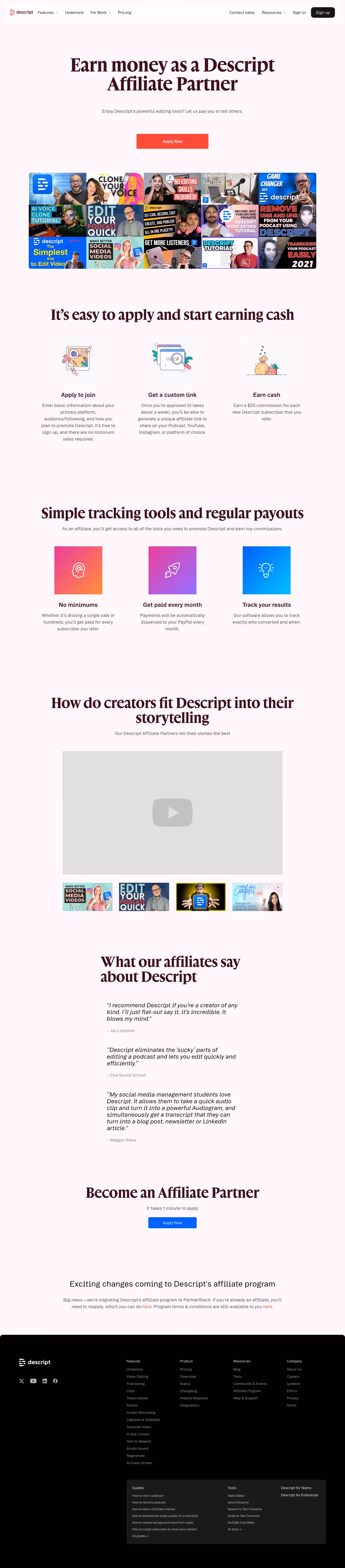 Descript Affiliate pages section design