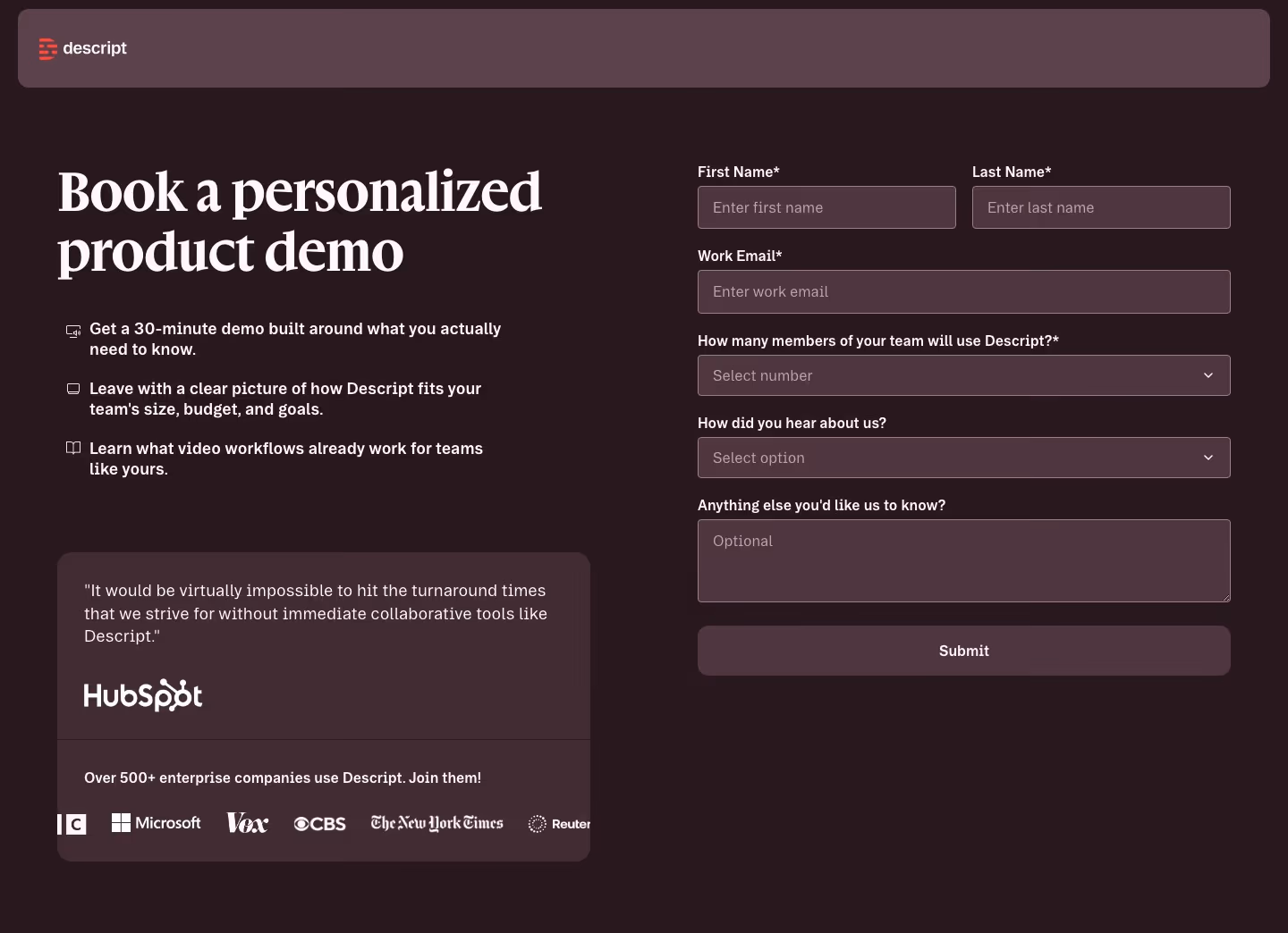 Descript Contact Us section design