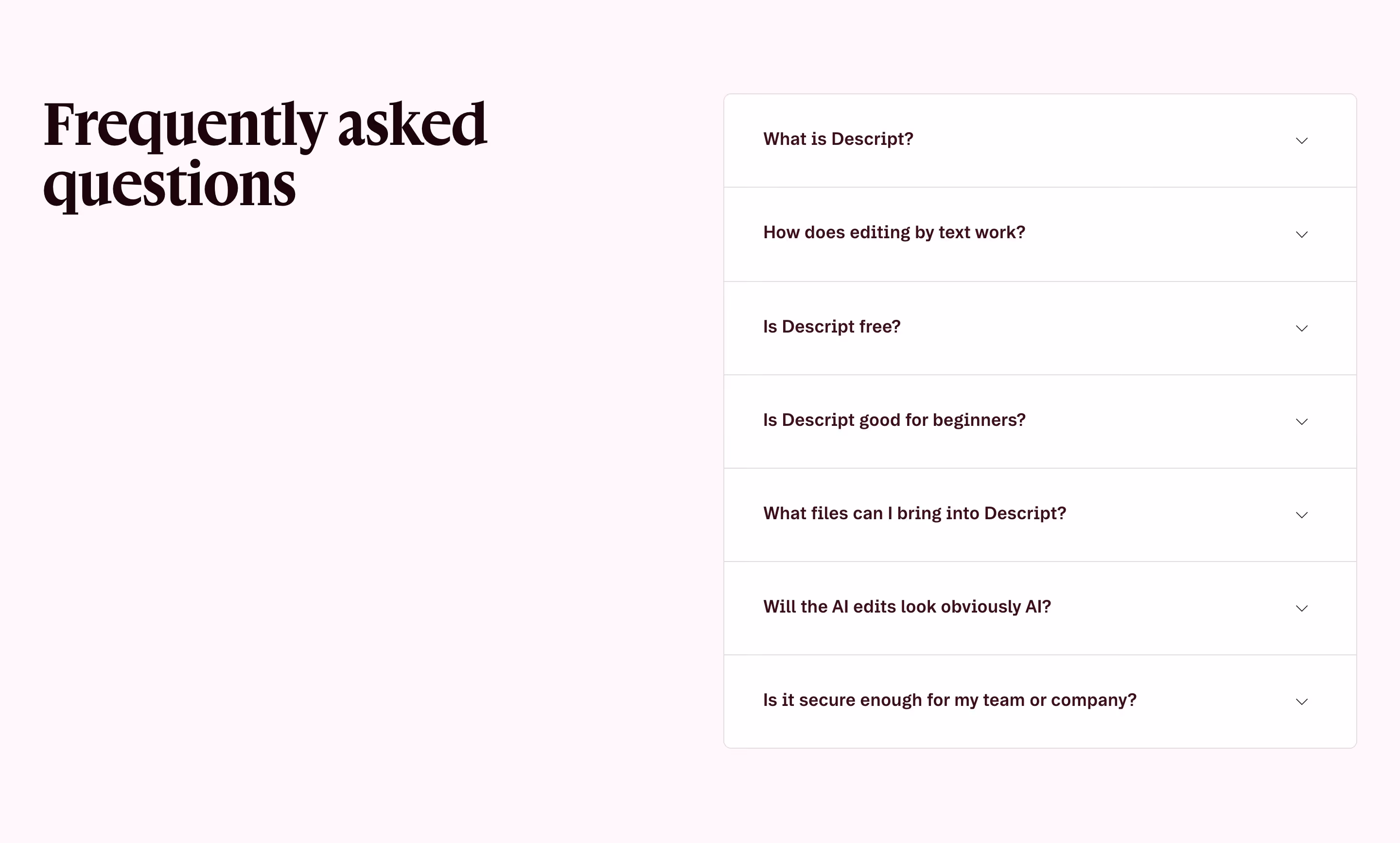 Descript FAQs section design