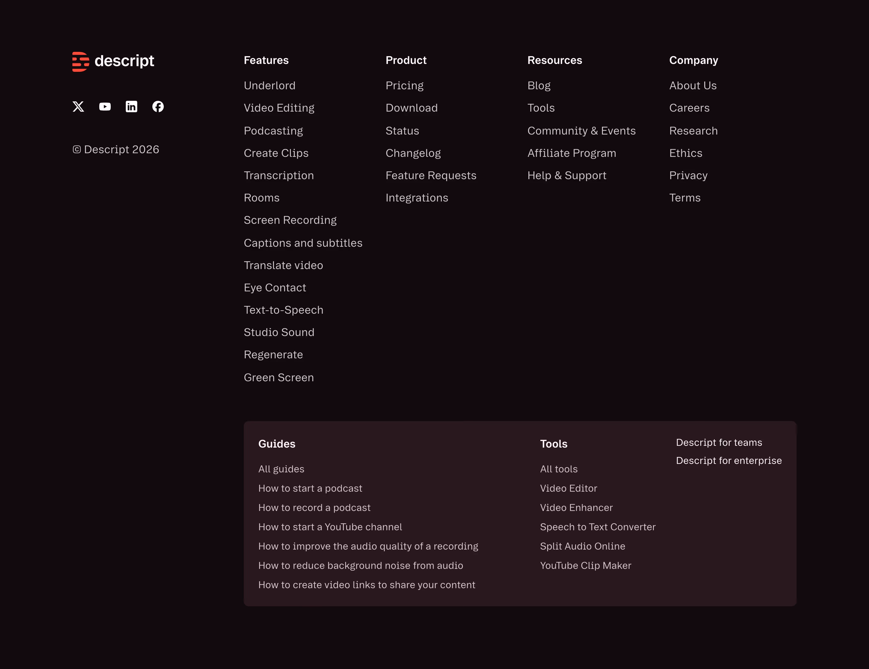 Descript Footers section design