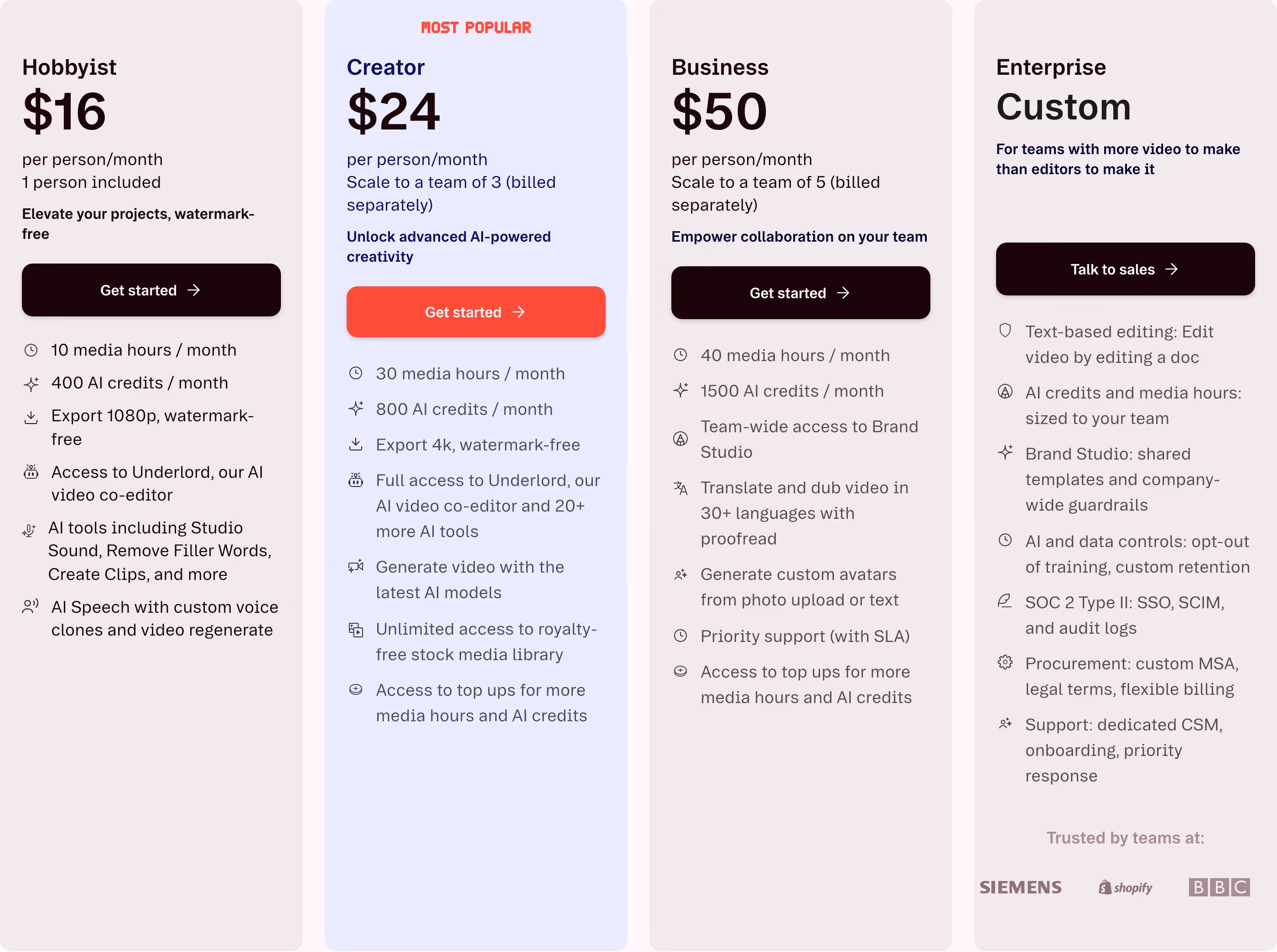 Descript Pricing section design
