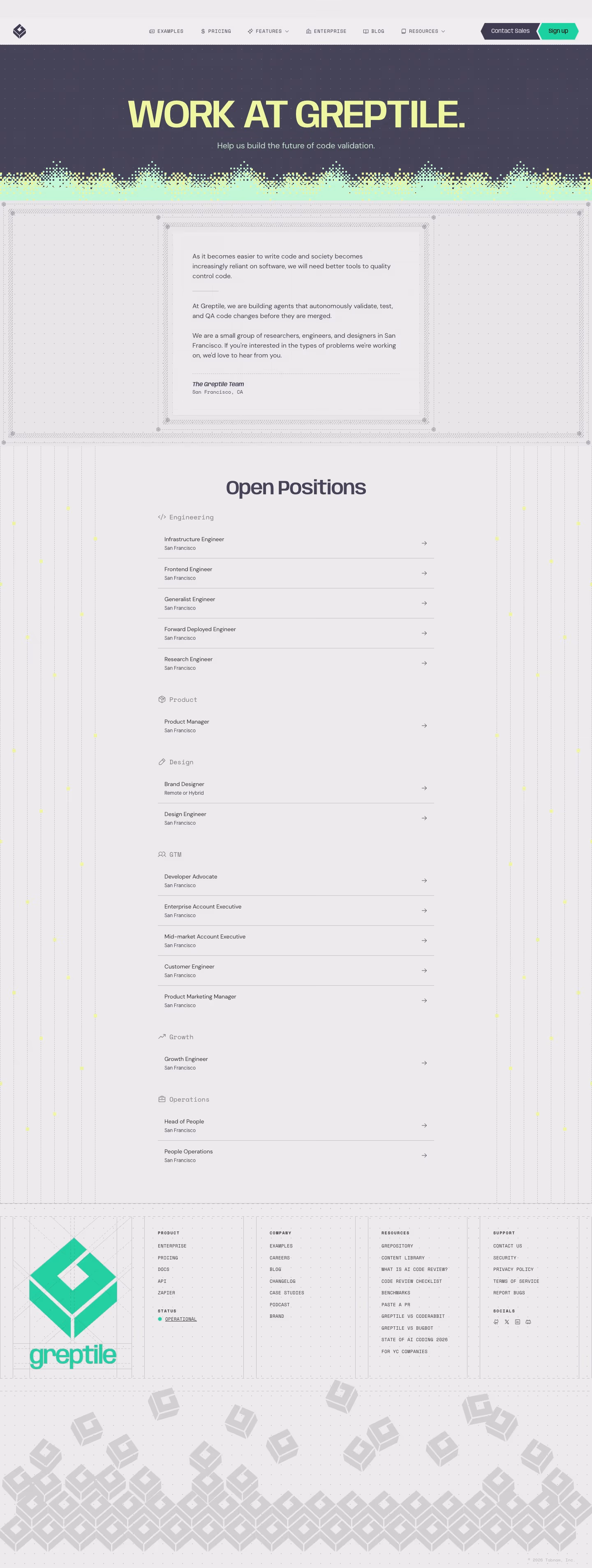 Greptile careers page design — Developer Tools