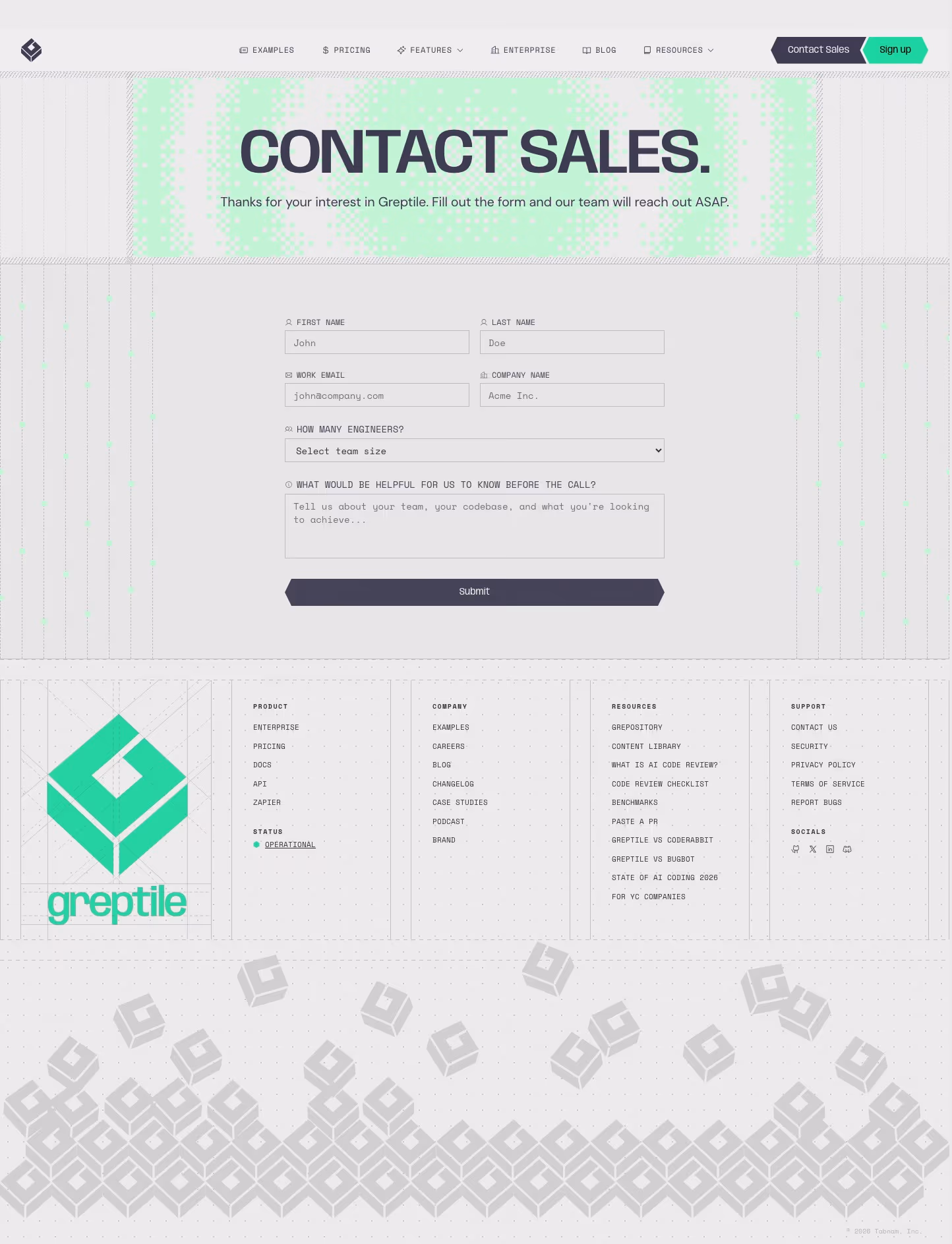 Greptile contact us design — Developer Tools