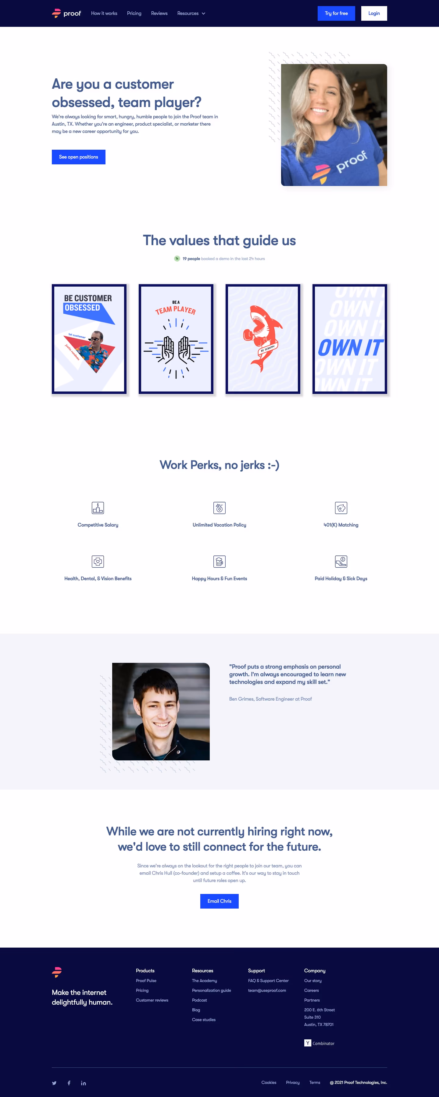 Useproof Careers pages section design