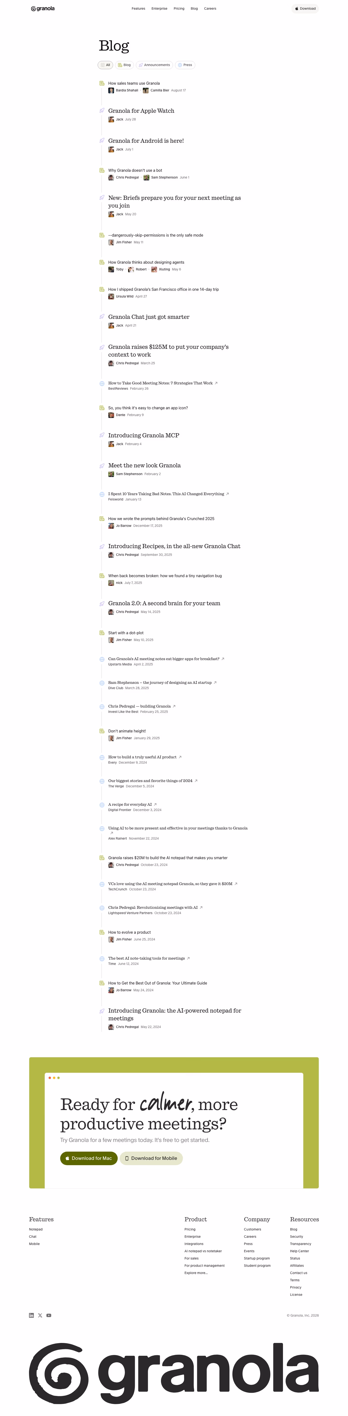 Granola Blog pages section design