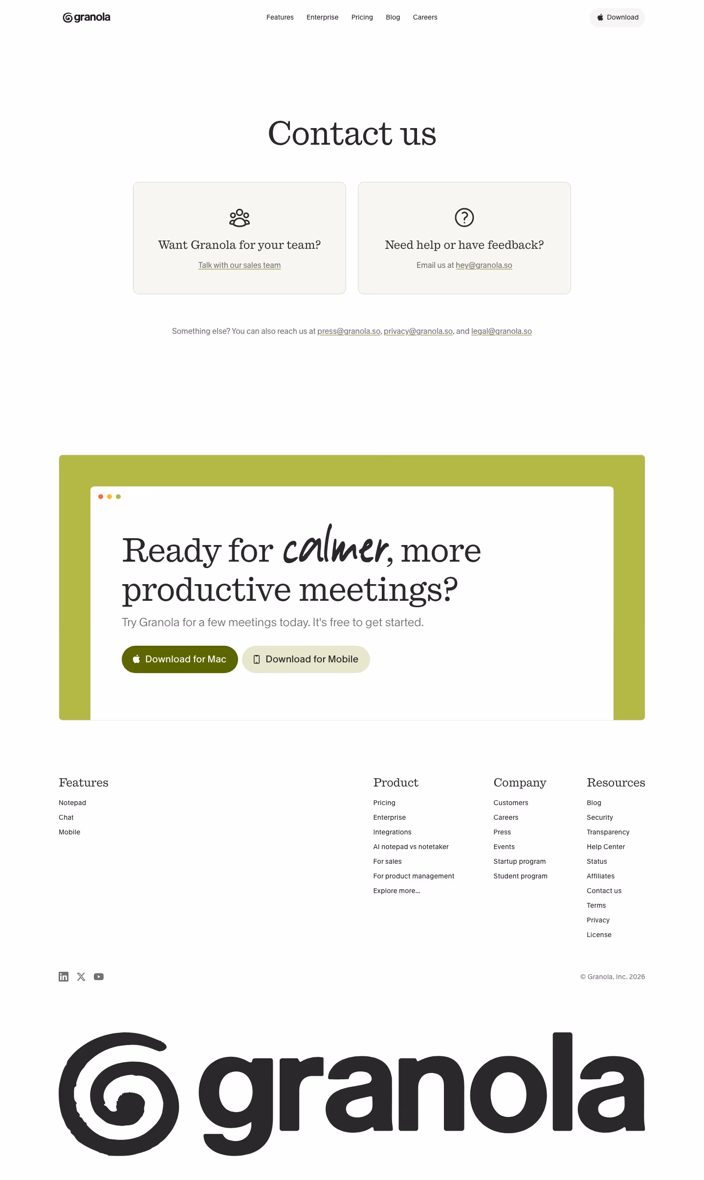 Granola Contact Us section design