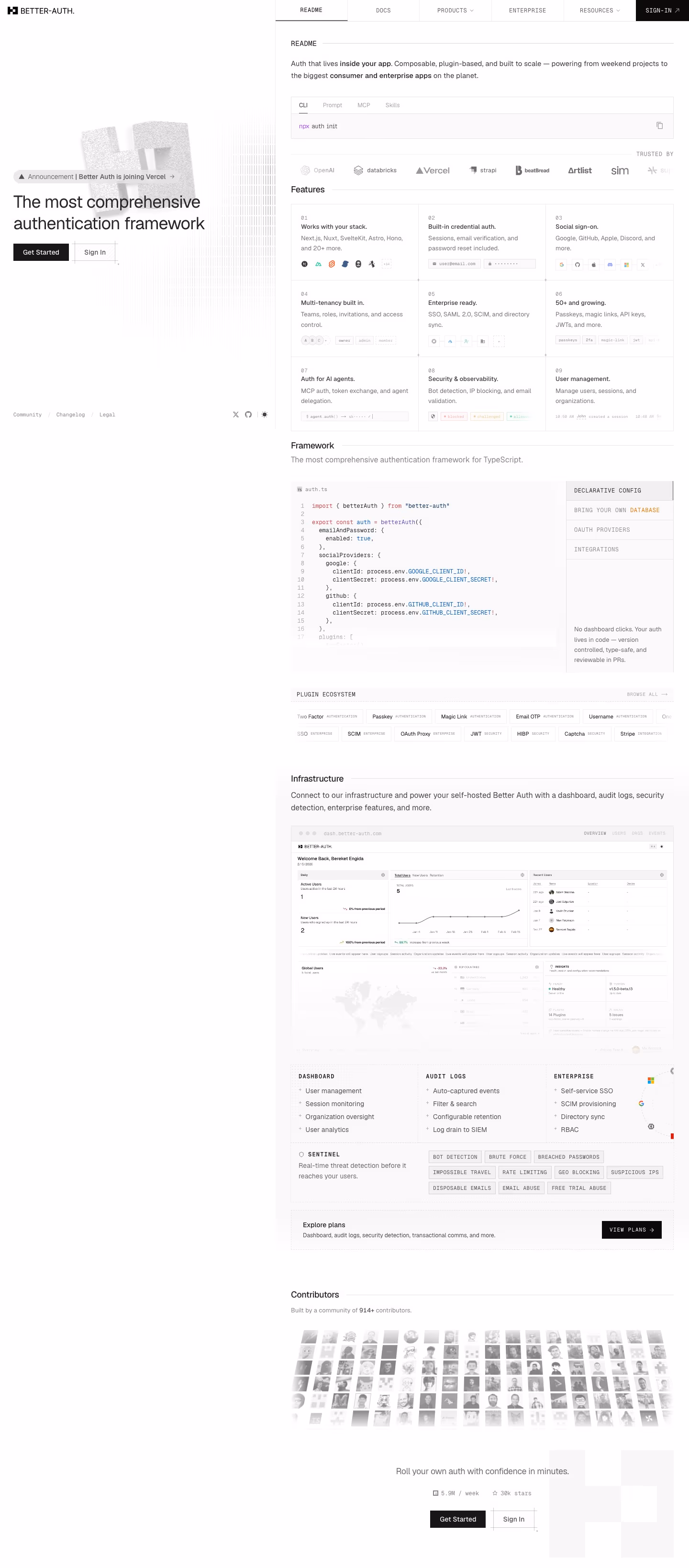 Better-auth landing page design — Developer Tools