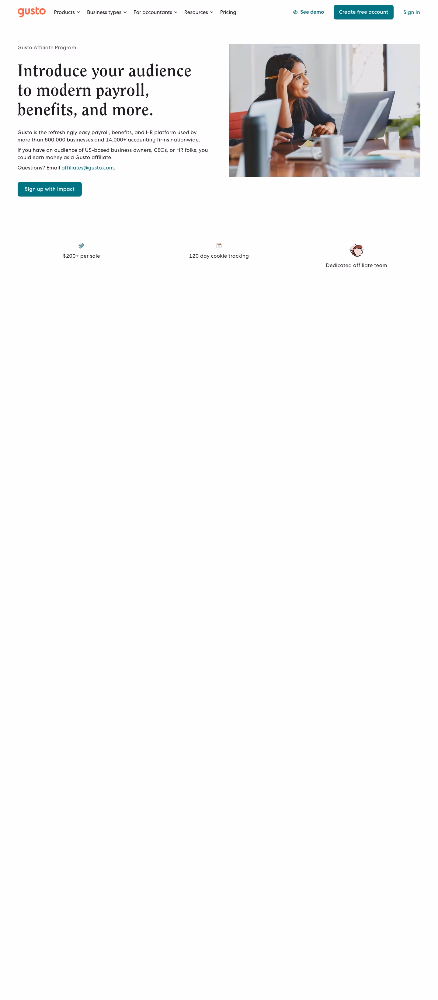 Gusto Affiliate pages section design
