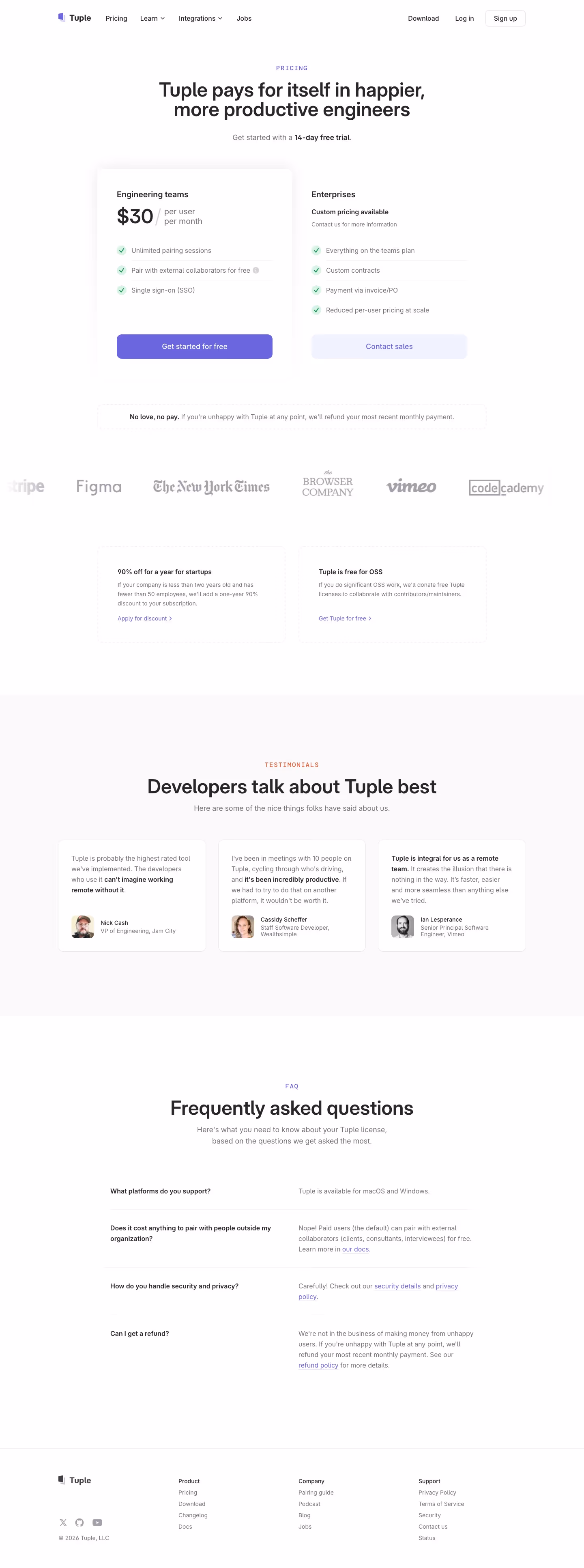 Tuple Pricing & Plans section design
