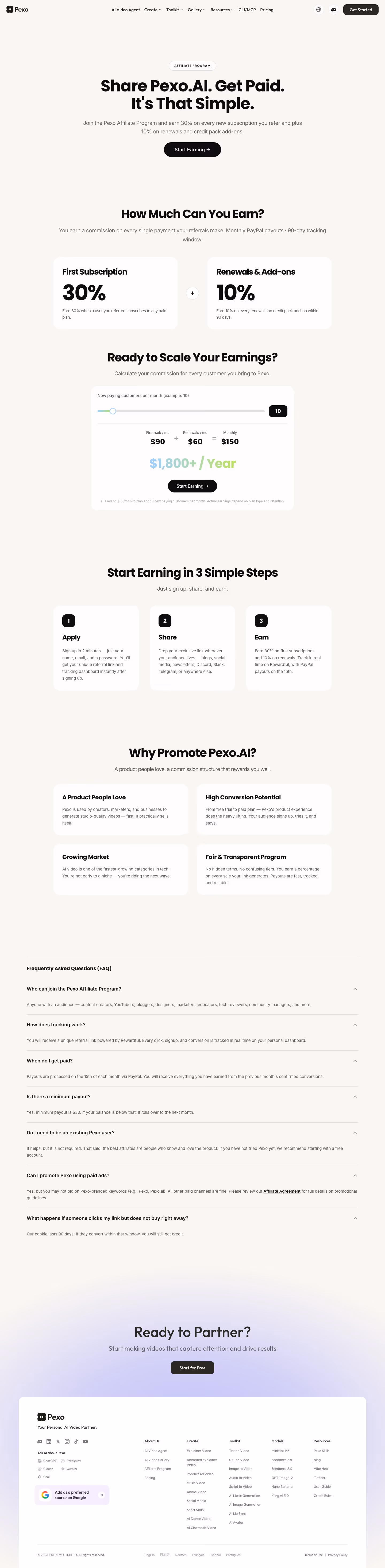 Pexo Affiliate pages section design