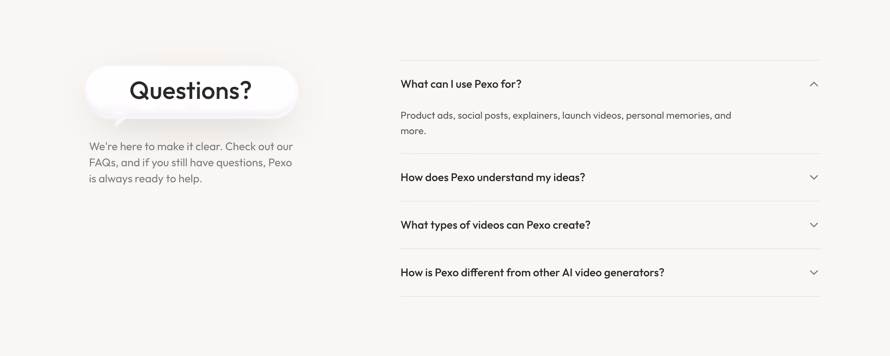 Pexo FAQs section design