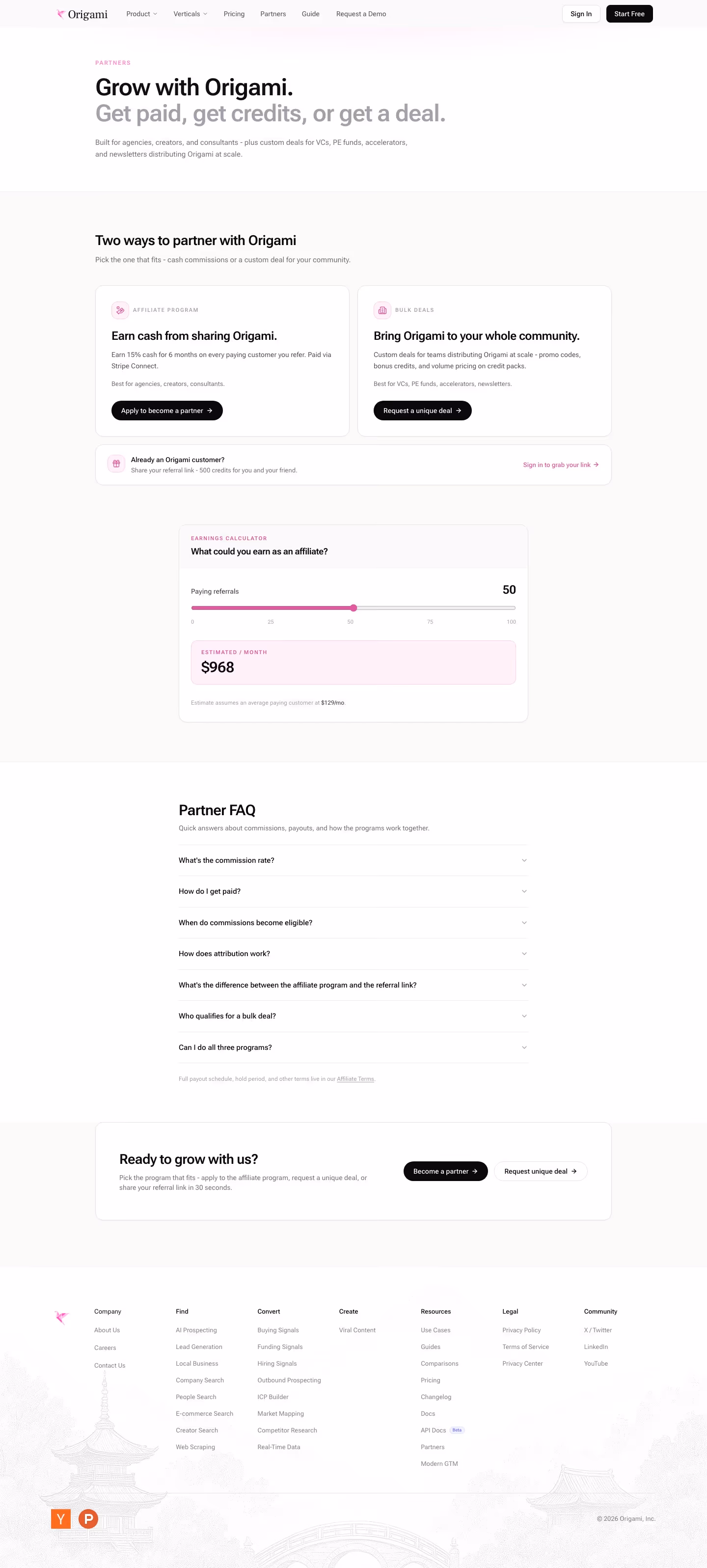 Origami affiliate page design — Sales & Support