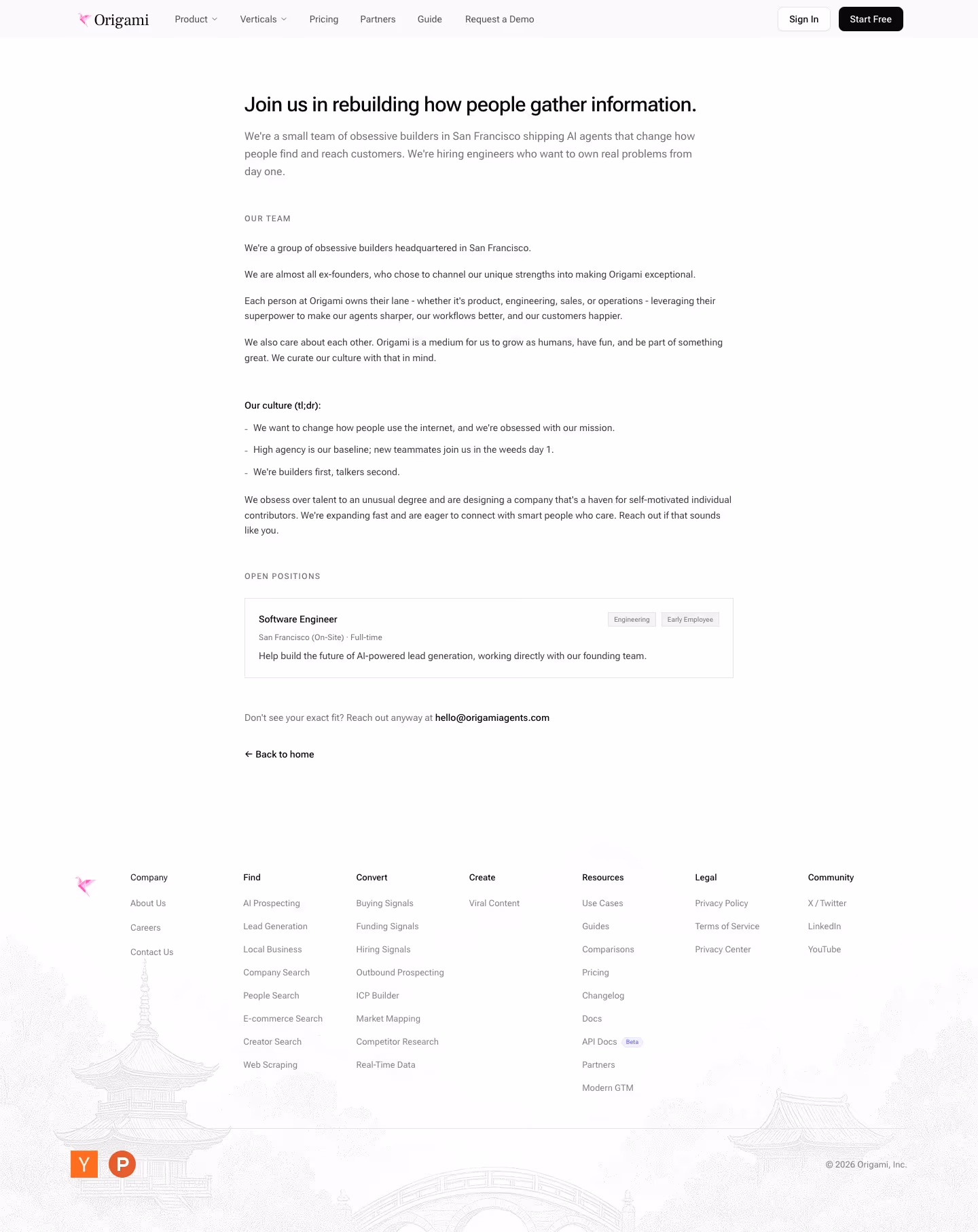 Origami careers page design — Sales & Support